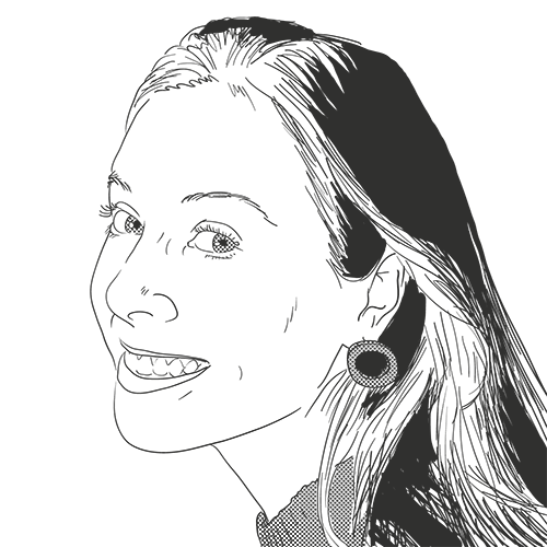 Monochrome portrait illustration of Elspeth, a white person with long hair. They are smiling vibrantly over their shoulder
