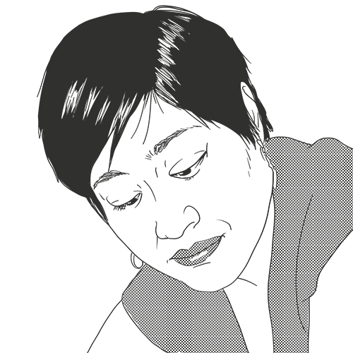 Monochrome portrait illustration of Okka, an Indonesian woman with short hair and earrings, wearing a short-sleeved dress. She’s lying on her front, looking down, concentrating on something