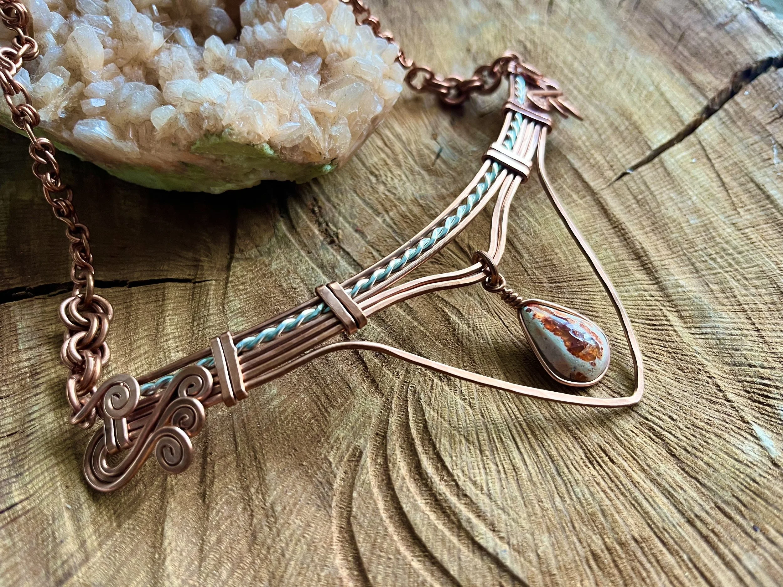 Copper and Silver Necklace with Mexican Fire Opal