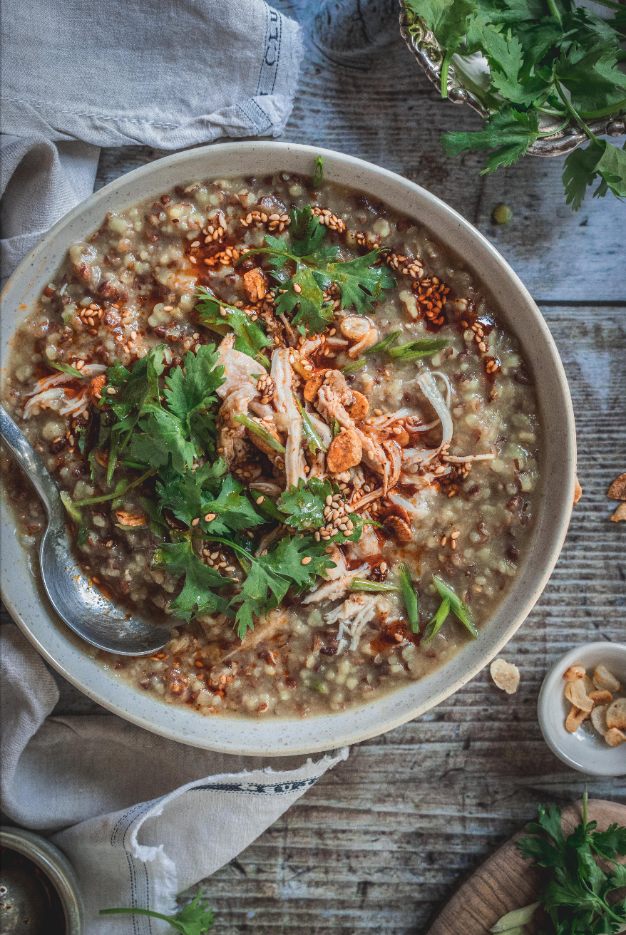 Red Rice Chicken, Ginger & Turmeric Congee With Miso & Chilli Sesame Oil