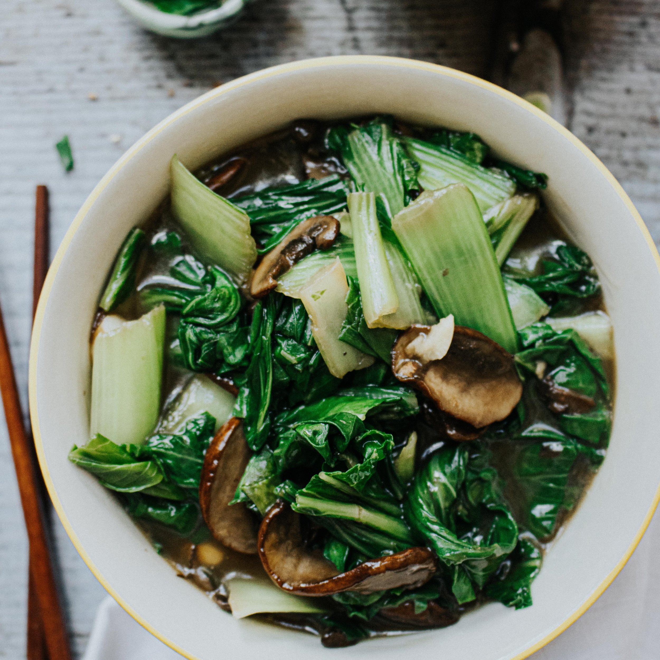 Smashed Garlic Bok Choy with Crispy Mushroom.
