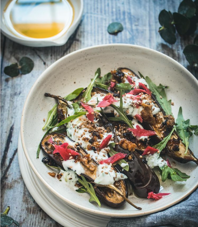 Miso Eggplant with Pickled Ginger, Tzaziki & Sesame