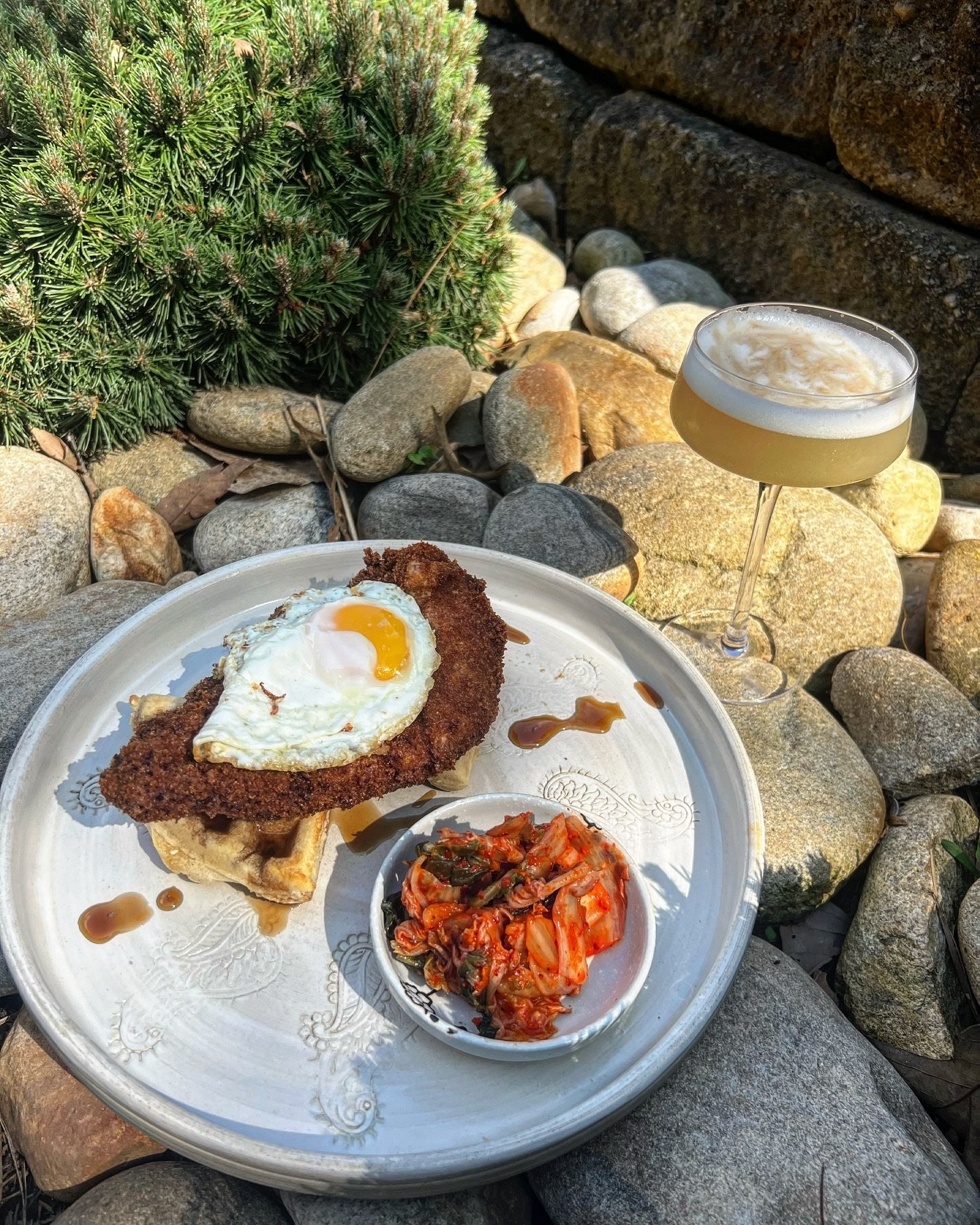 Putting our twist on traditional dishes &amp; drinks! 
Weekend Special for 4/19 starts at 5PM and available while supplies last. 
Chicken &amp; Waffles 
Panko fried chicken breast, sesame waffle, sunny egg, kimchi, and soy maple. 
Suntory Soy Sour 
S