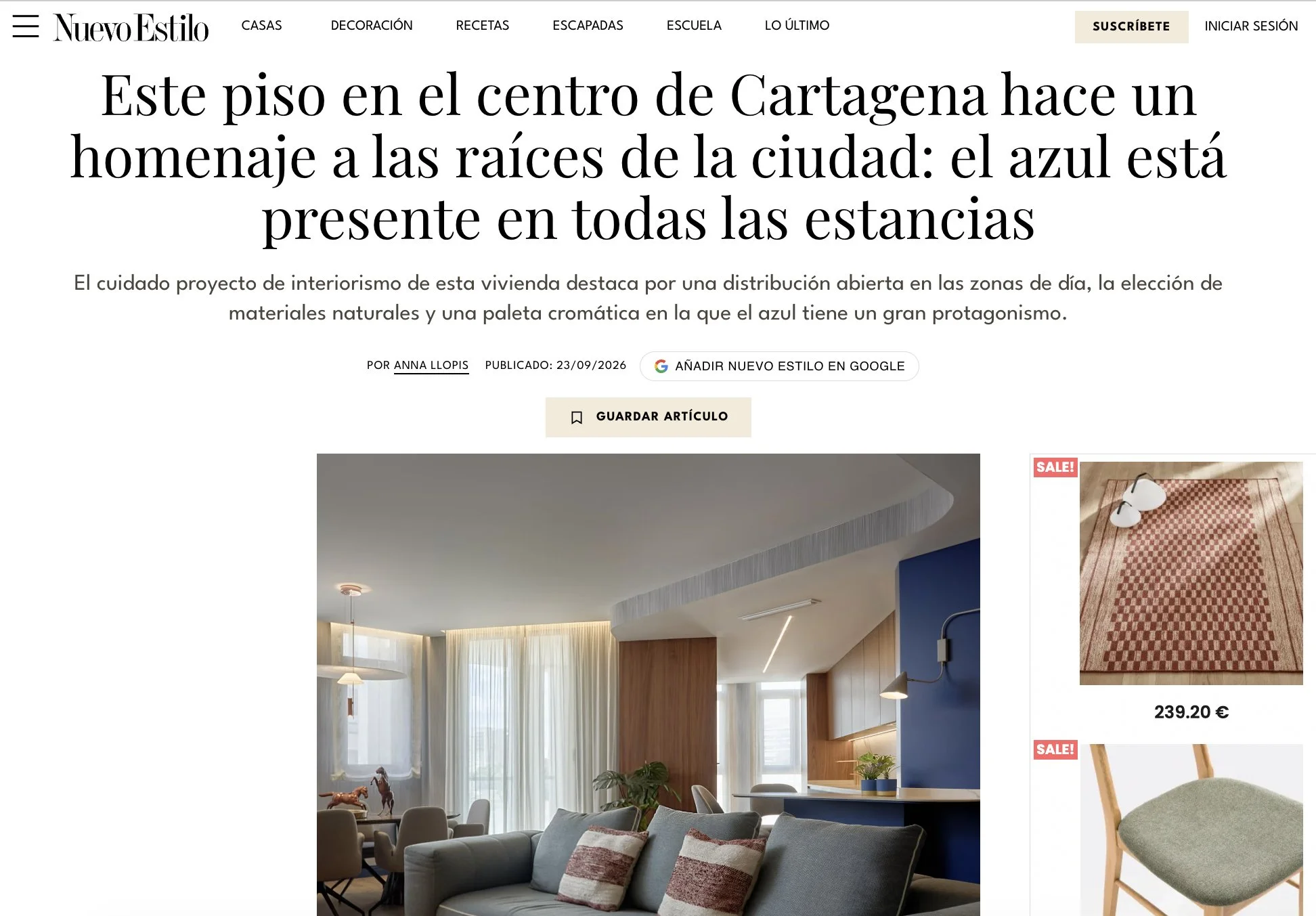Nuevo Estilo captura portada articulo proyecto interiorismo Maria Conesa apartamento en  Cartagena