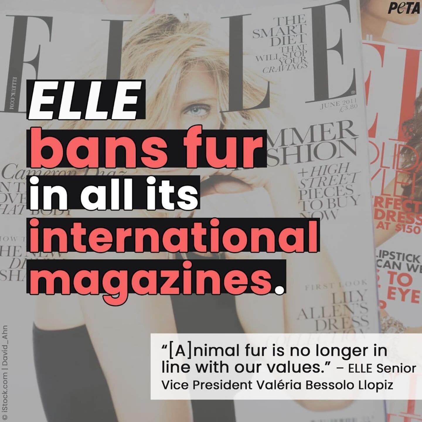 BREAKING: @elleusa has committed to end the promotion of animal fur in its global publications!

Decades of PETA campaigns and activist protests have led to the world turning away from fur &mdash; Anna Wintour&rsquo;s @voguemagazine and other magazin