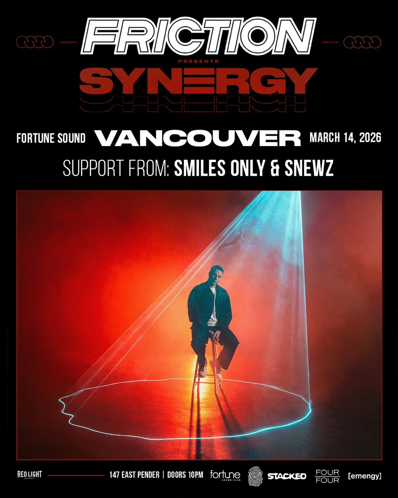 SUPPORT ADDED 🔥 A figurehead of the Drum &amp; Bass genres for well over a decade, @officialfriction returns to Vancouver as he brings his Synergy Tour to #FortuneSound on March 14th, w/ support from @smilesonlymusic &amp; @snewzdnb. Secure your tic