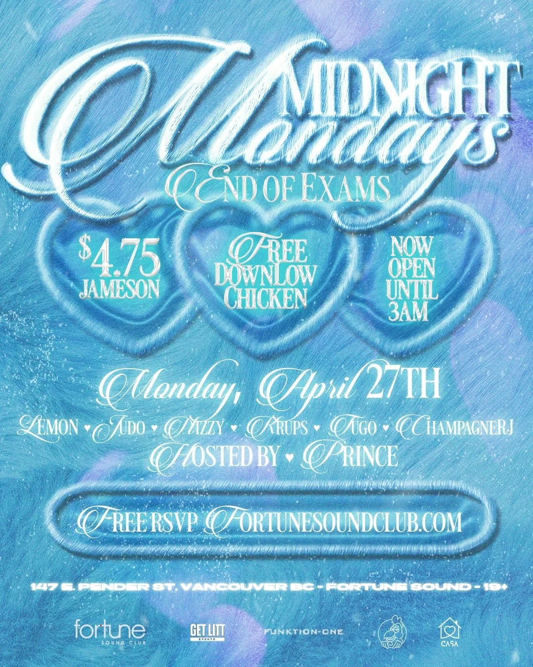 Tomorrow! Midnight Mondays End Of Exams BANGER
Presented by @casayvr @getlitfam @ubccvc

Exams done. We outsideeeee 📚

Free @dlchicken, $4.75 Jameson all night 🍗

Featuring @_djlemon @judomartin__ @krupsmusic @tugldr_i @champagnerjjj 
Free RSVP &md