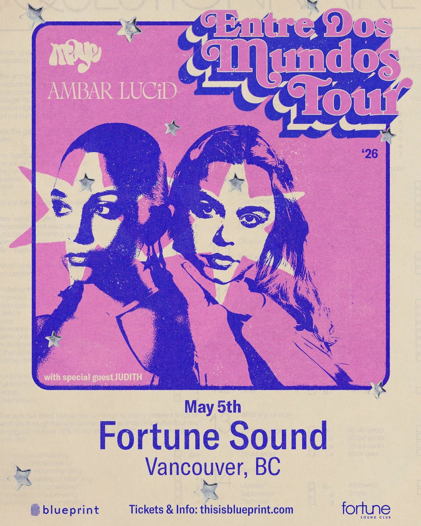 TONIGHT ⭐️ @ambarlucid + @mayetogo bring their entre dos mundos tour to @fortunesound here in Vancouver, with special guest Judith. See set times below:⁠
⁠
Doors: 7pm ⁠
Judith: 7:30pm ⁠
Ambar Lucid: 8:15pm⁠
Maye: 9:30pm⁠
*subject to change⁠
⁠
🔗 Last