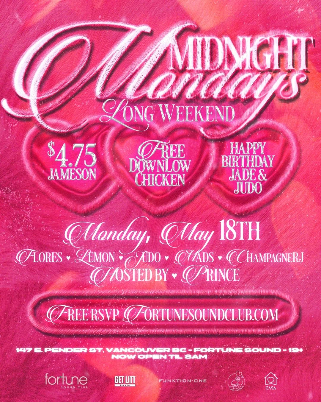 The Long Weekend ALWAYS ends with us ❤️&zwj;🔥 #MidnightMondays goes off May 18 with a stacked lineup featuring @mrchristianflores @_djlemon @judomartin__ @madeleinemeier @champagnerjjj and Hosted by @westfreshprince 

Celebrating @jade.juco and Judo