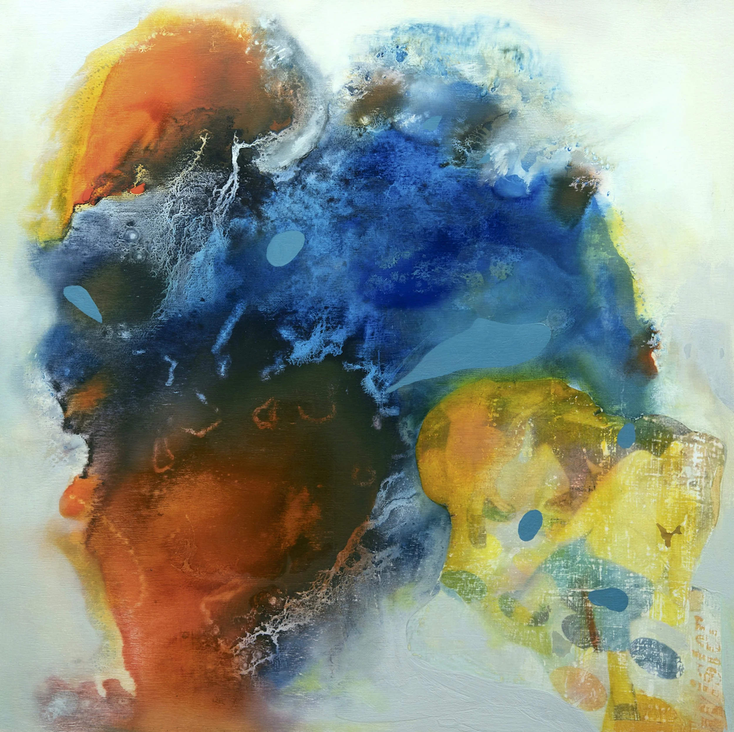 Ready, Set, Discover, H16" x W16", acrylic, transfers & oil on panel
