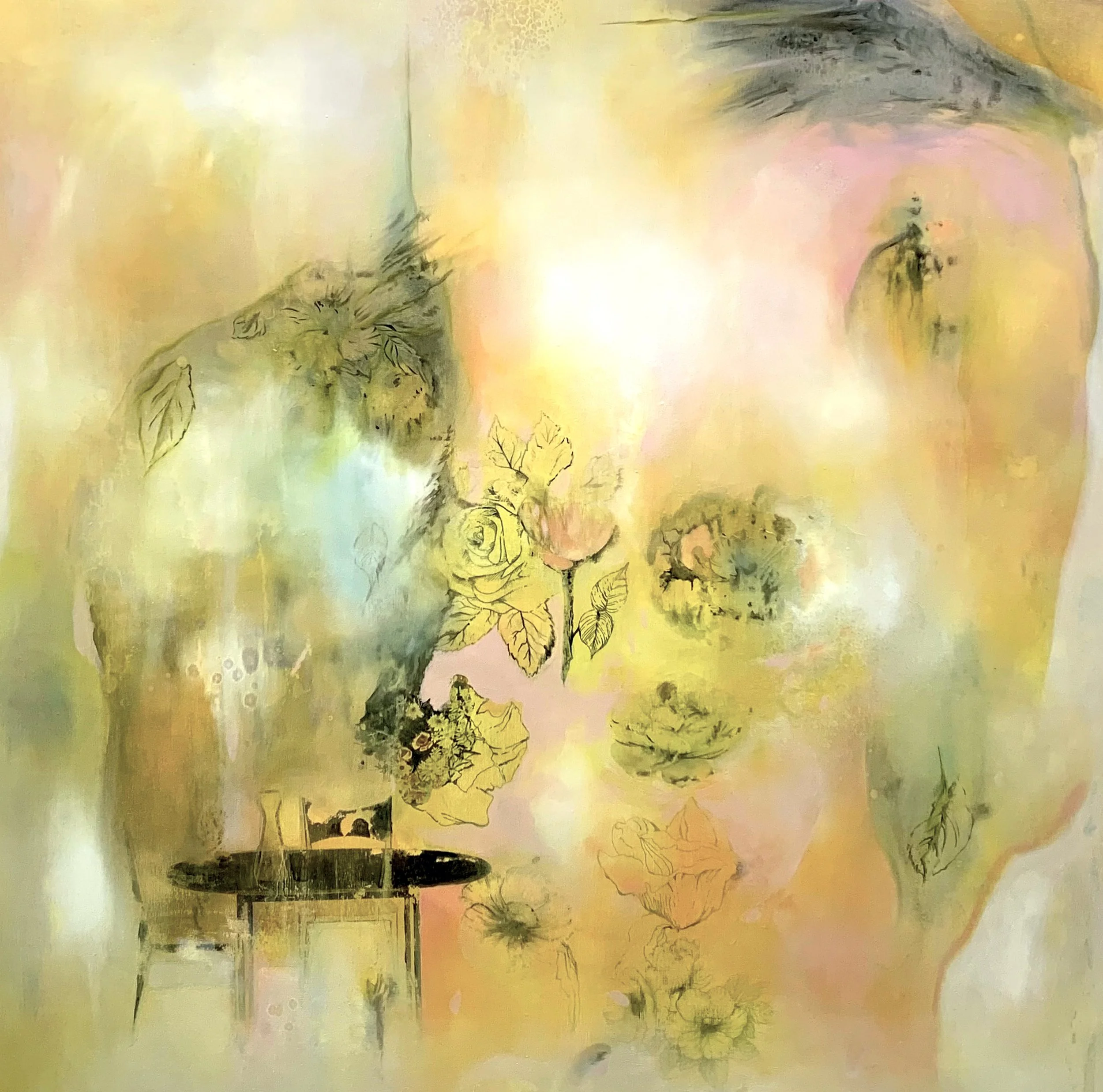 Pale & Yellow, 24" x 24", acrylic, ink, photo transfers, oil on panel, available through Propellor Gallery, Toronto (Feb 14 - Mar 1, 2026)