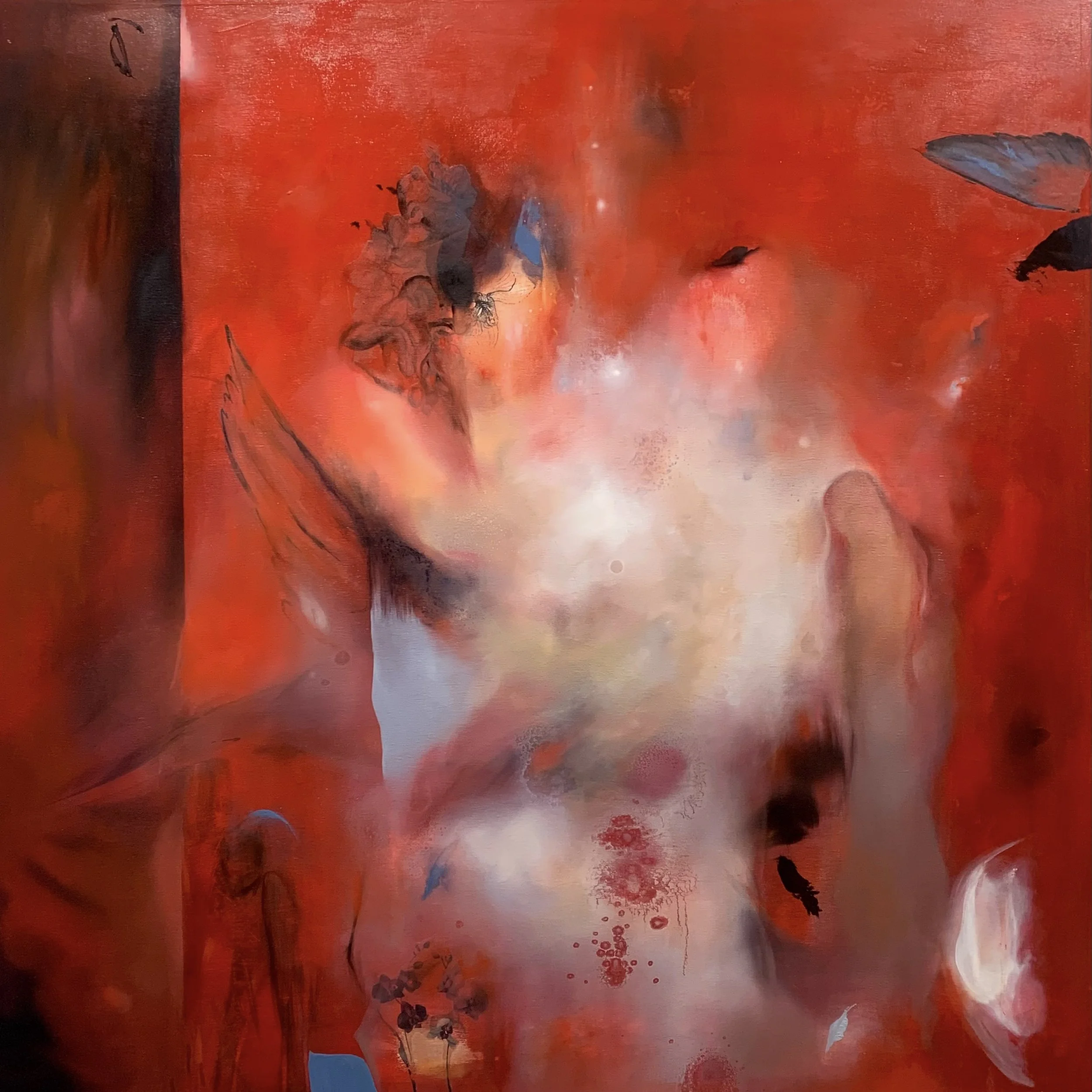 Bright Red, 30" x 30", acrylic, photo transfers, oil on panel, $1075.00