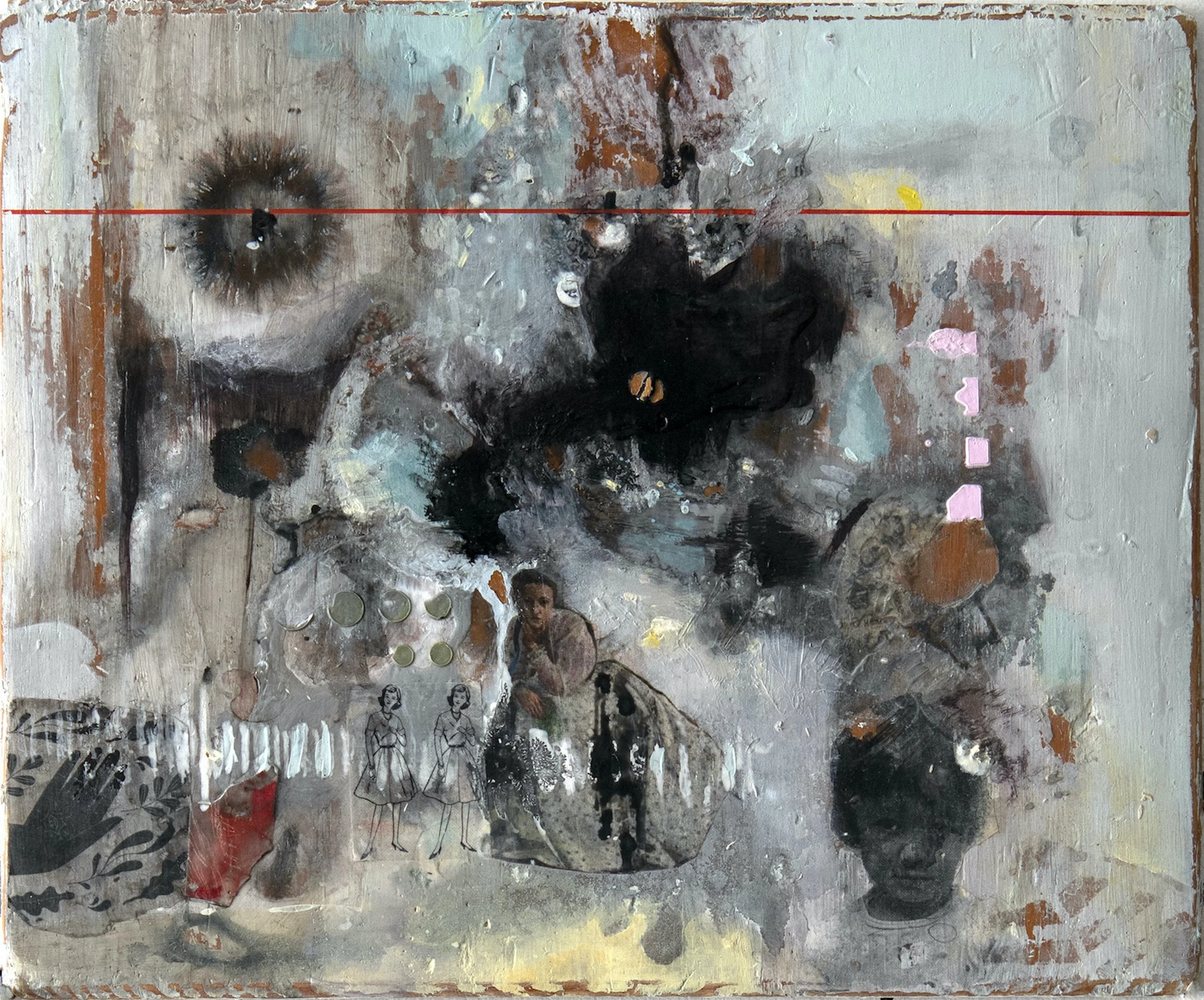 For the Time Being, H10" x W12", acrylic, photo transfer, ink on vintage wood