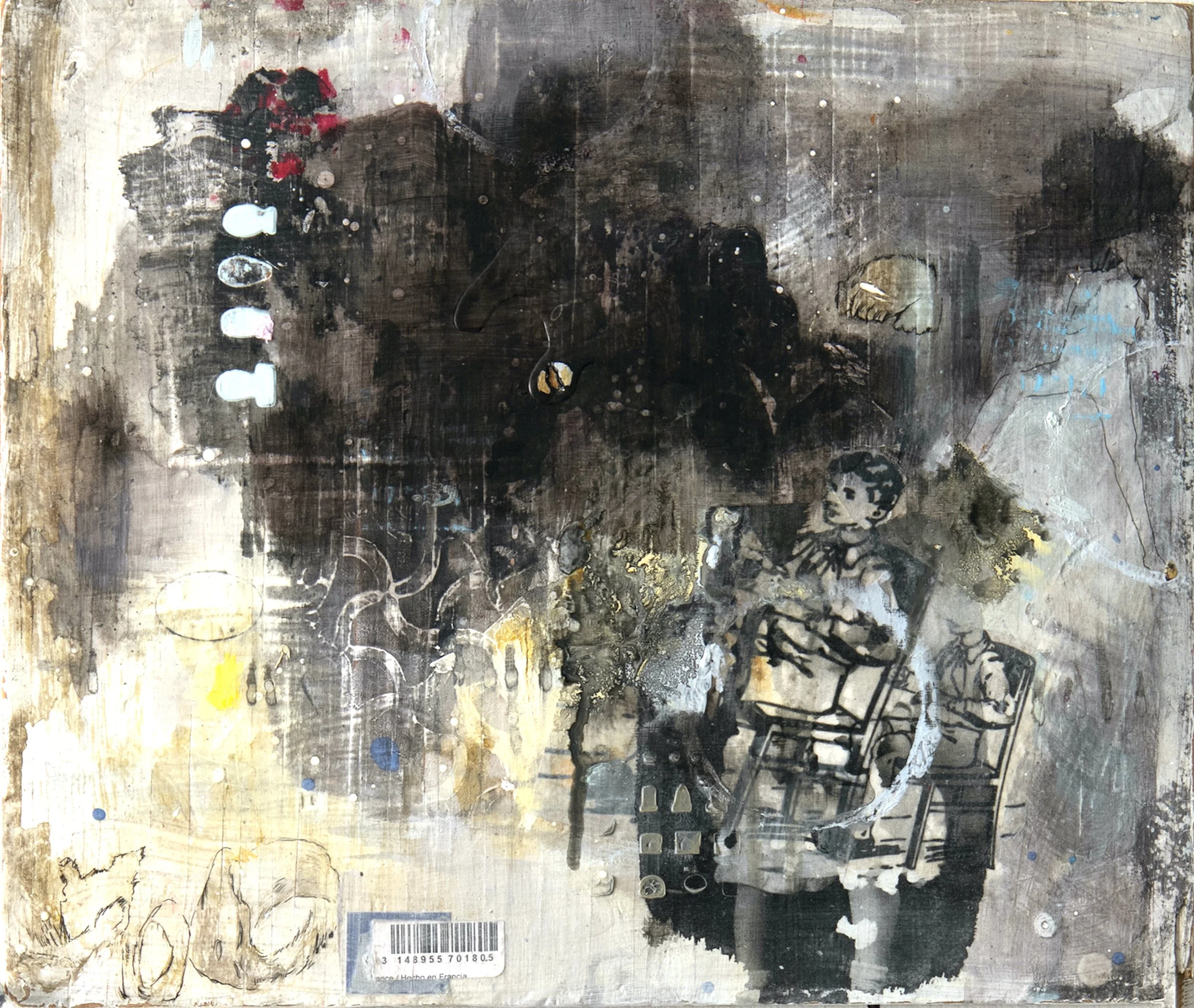 Hover, H10" x W12", acrylic, photo transfer, ink on vintage wood