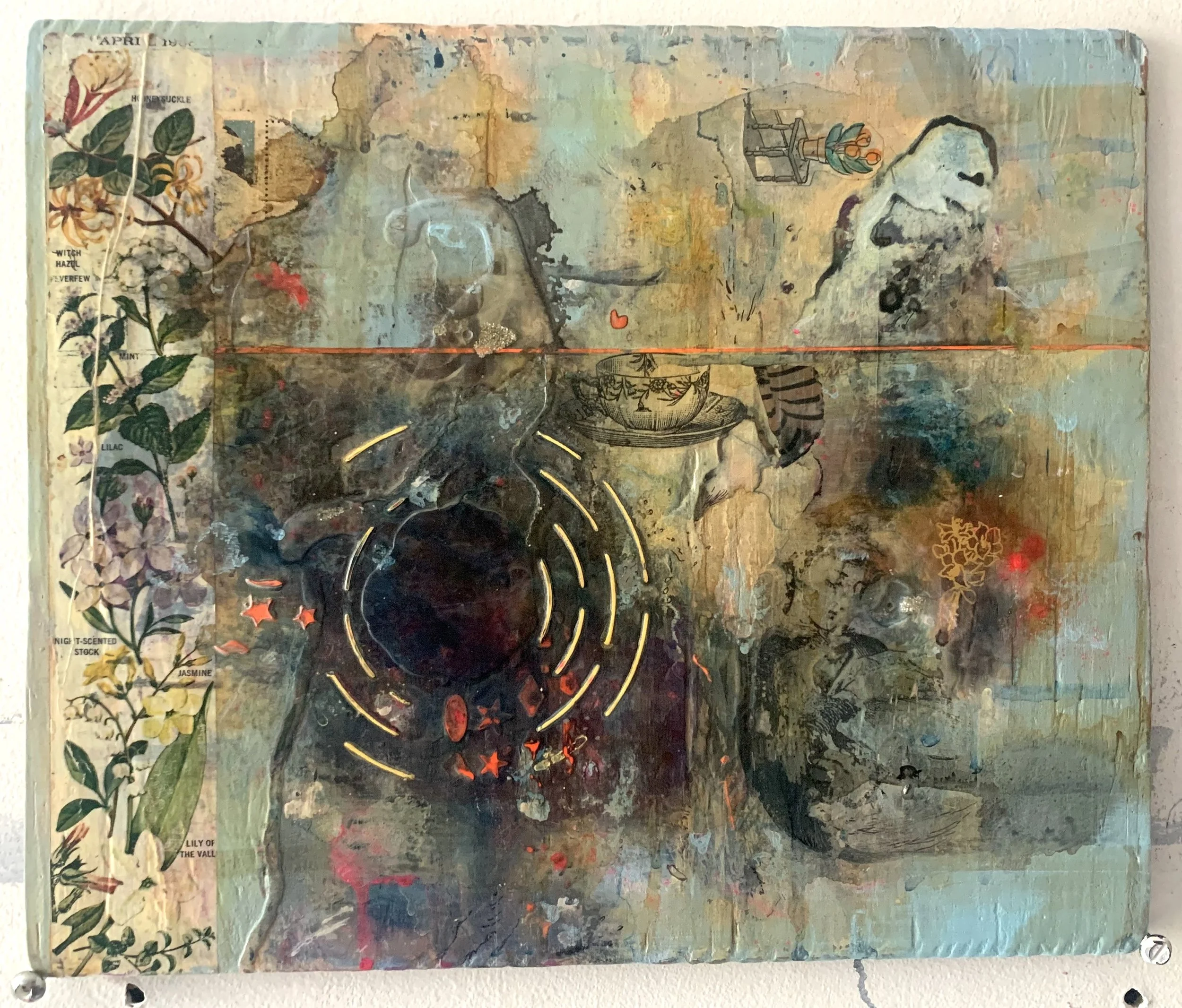 Spending Time, H10" x W12", acrylic, photo transfer, ink on vintage wood