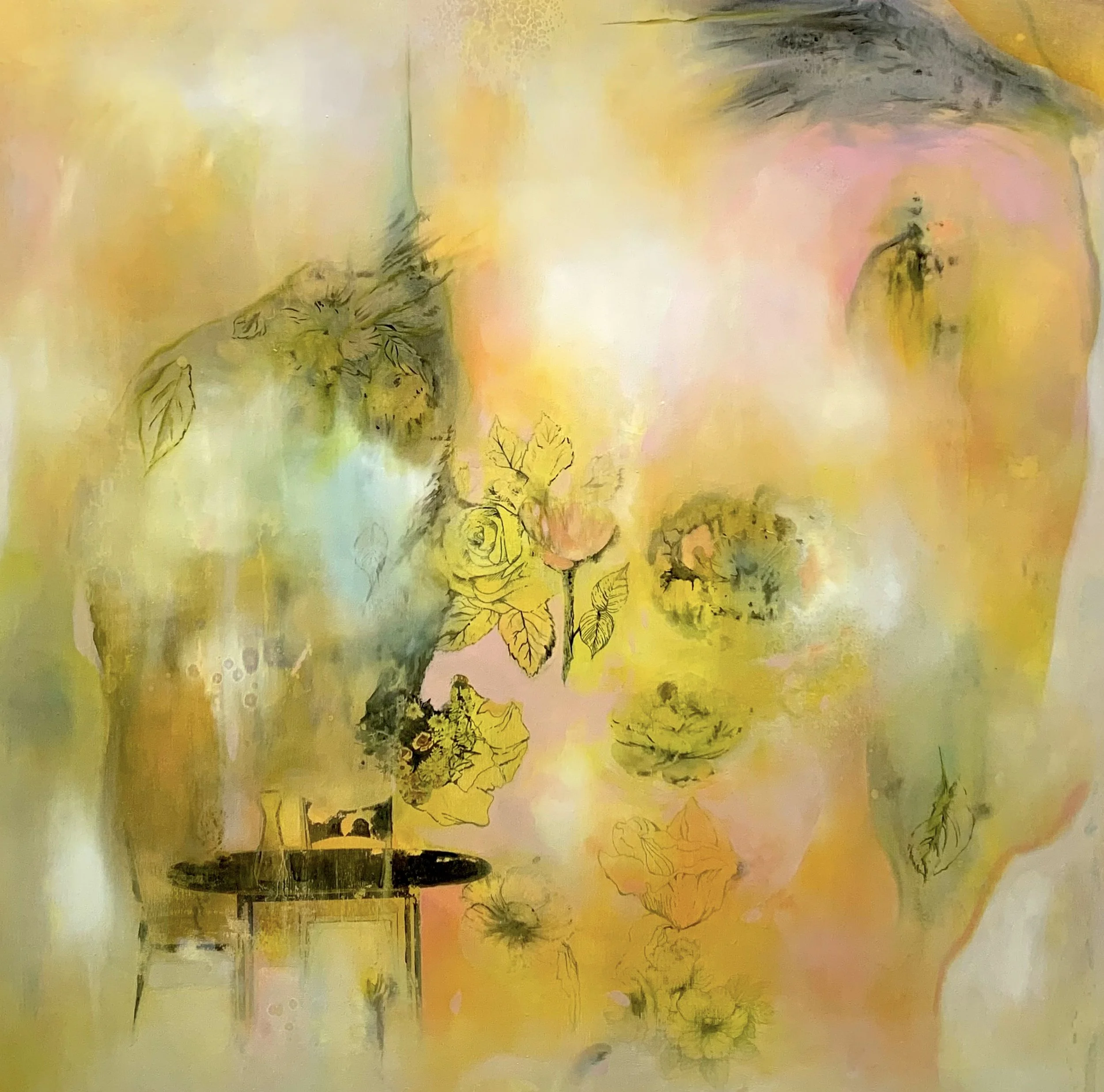 Flowers, Tables & Chairs, H24" x W24", acrylic, transfers, ink & oil on panel