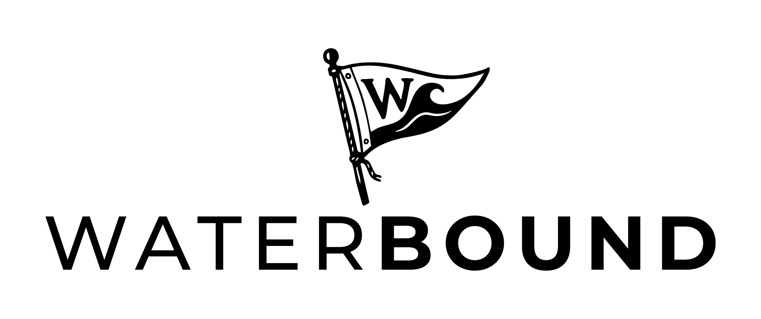 Logo design for Waterbound featuring a bold wordmark paired with a vintage-style flag icon marked with a “W.” The identity draws on nautical symbolism and classic craftsmanship to reflect a brand rooted in maritime tradition, water culture, and timel