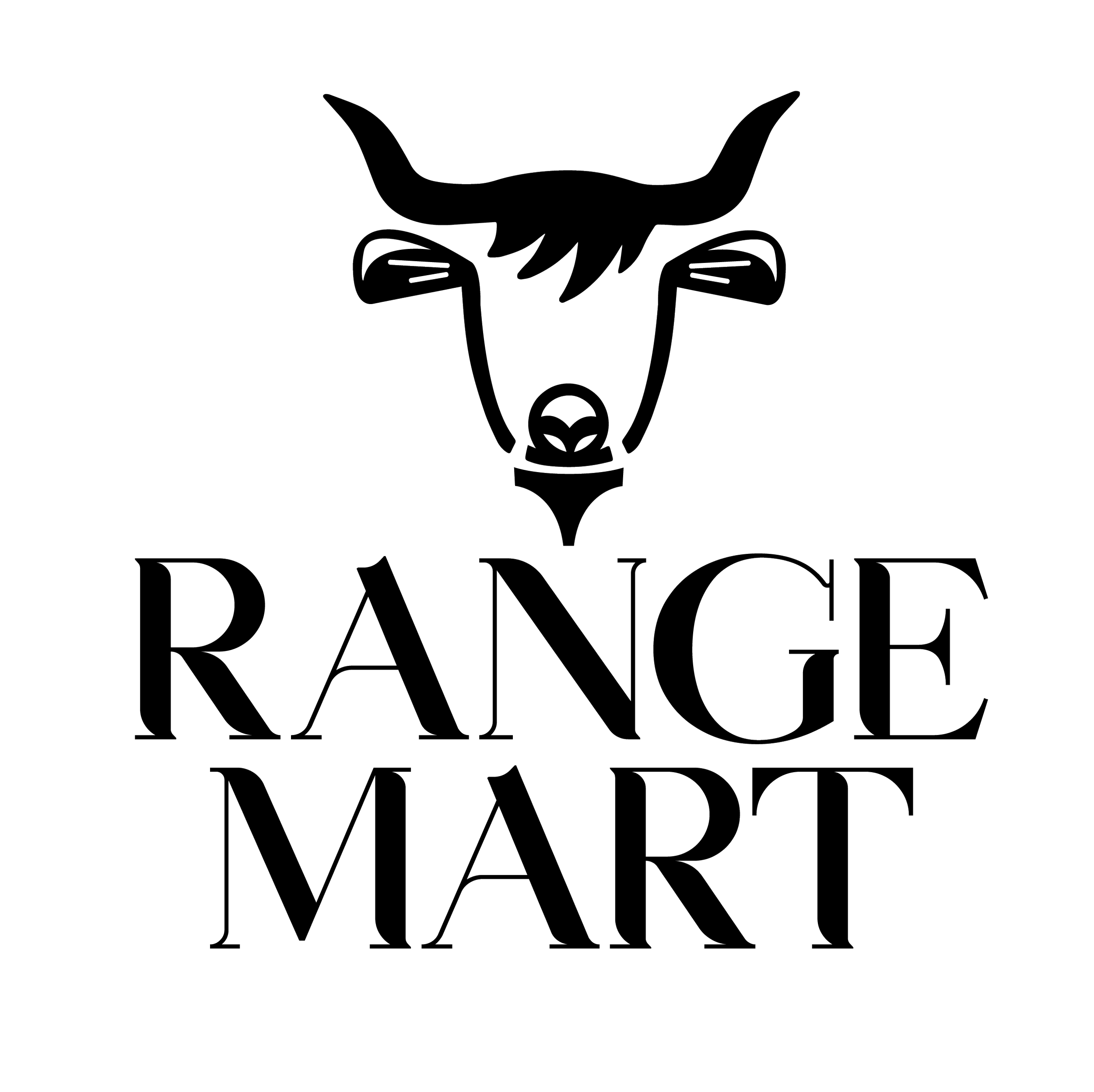 Custom logo for Range Mart combining classic typography with a longhorn symbol formed from golf equipment, including a ball, tee, and clubs. The design connects range culture and golf performance through a strong submark.