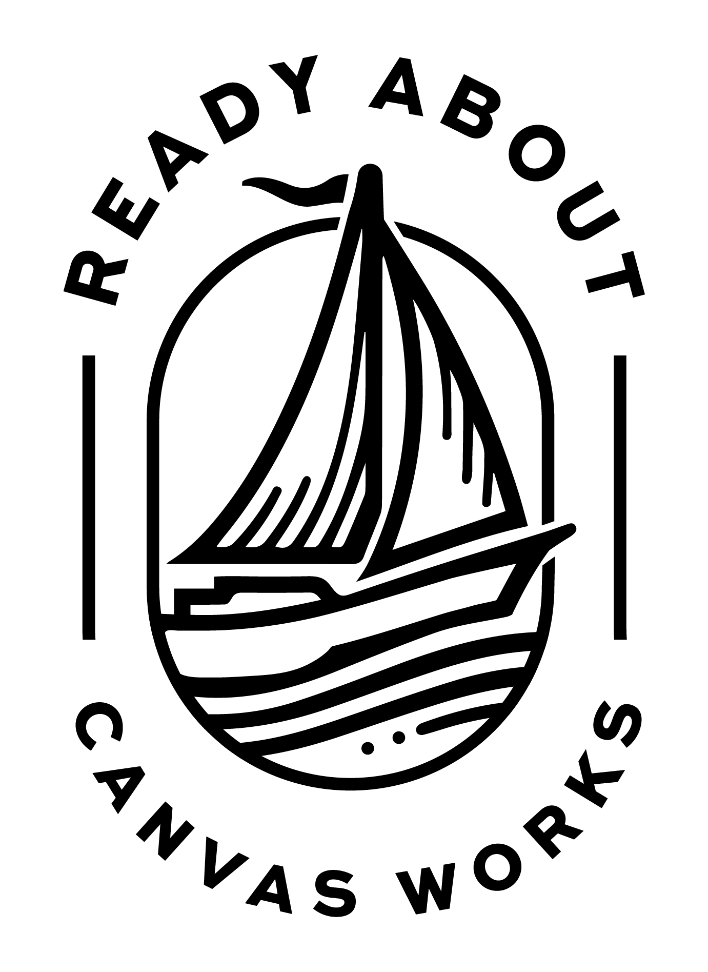 Logo design for Ready About Sailboat Canvas Works, a Seattle-based marine canvas and sailboat service company. The mark features a stylized sailboat enclosed in an oval badge with bold, nautical linework, reflecting craftsmanship, motion, and life on