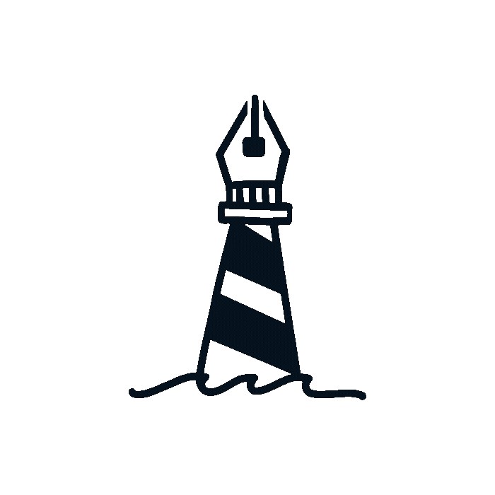 Outline drawing of a lighthouse graphic designer illustrator pen tool with a light beam on top, on a wave base.