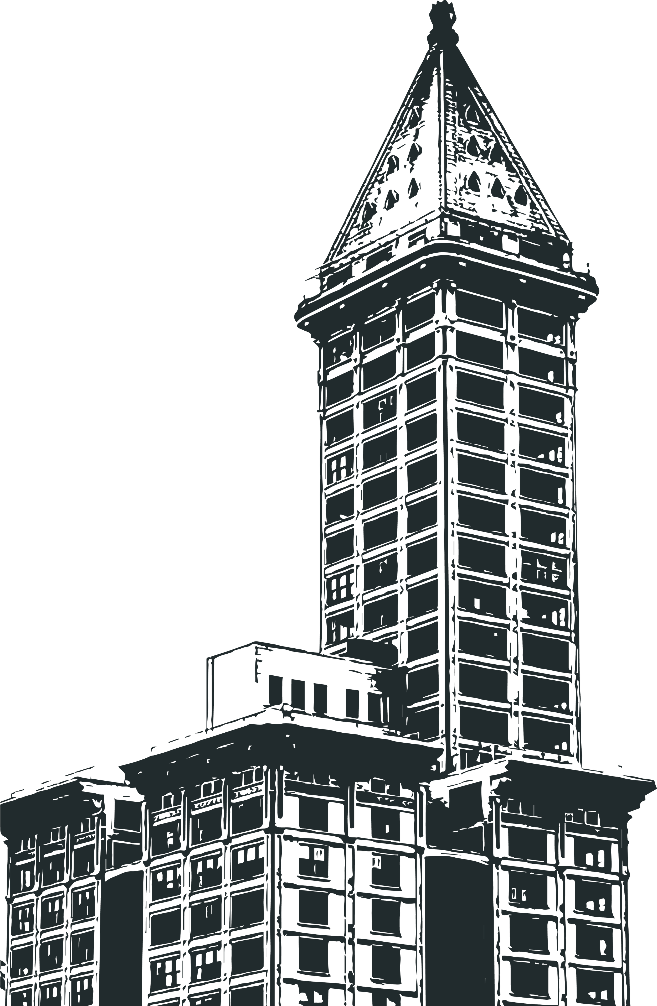 Black ink sketch Illustration of Smith tower in Seattle.
