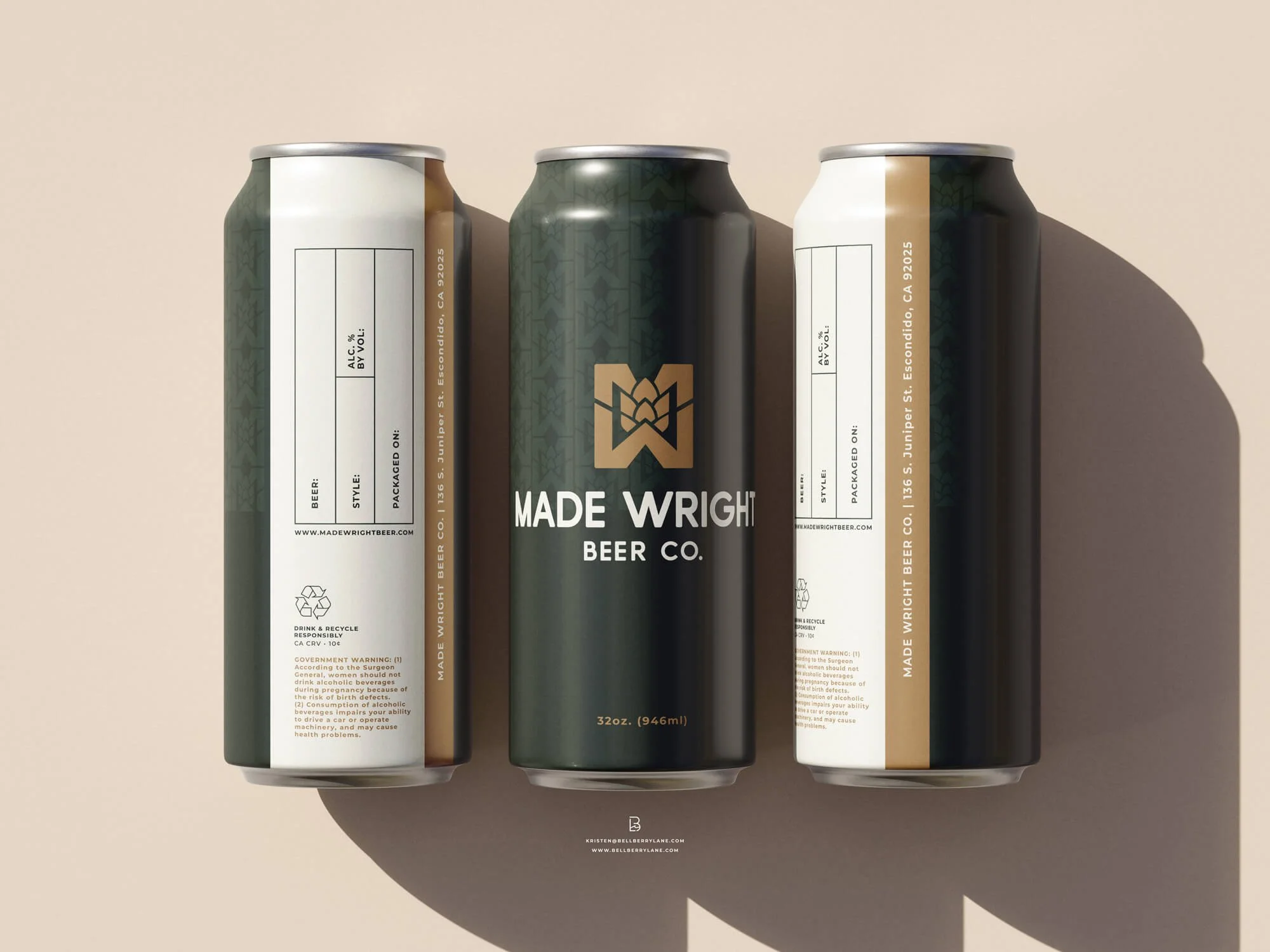 Beer Growler cans of Made Wright Beer, with the center can showing a logo and the cans on each side displaying the branding by Kristen Potter of Bellberry Lane