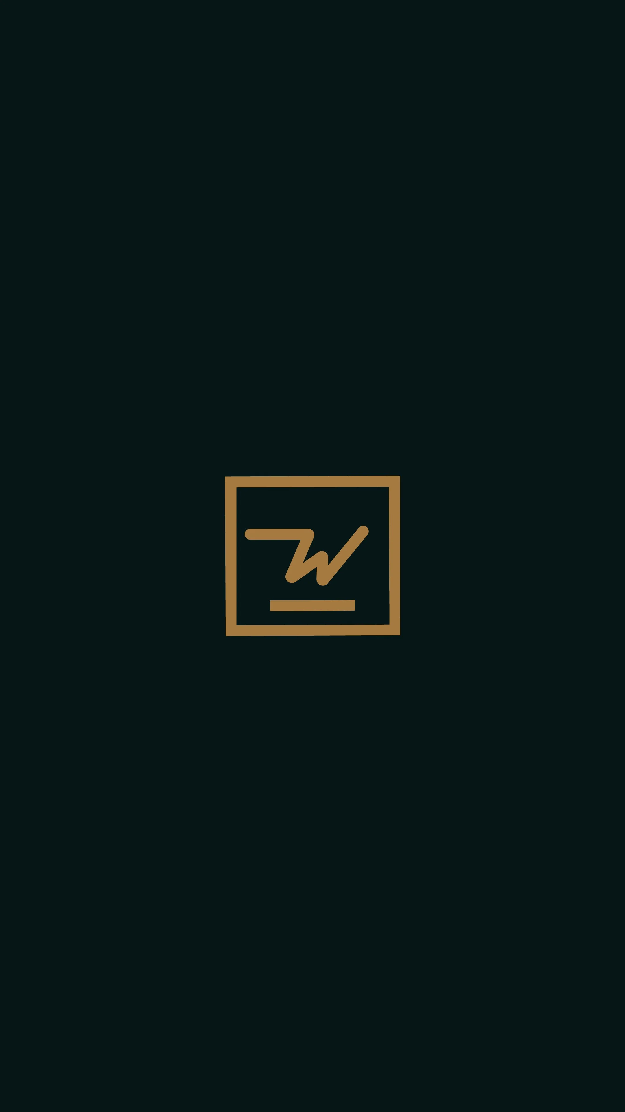 Dark background with a gold logo in the center featuring a stylized 'W' inside a square outline.