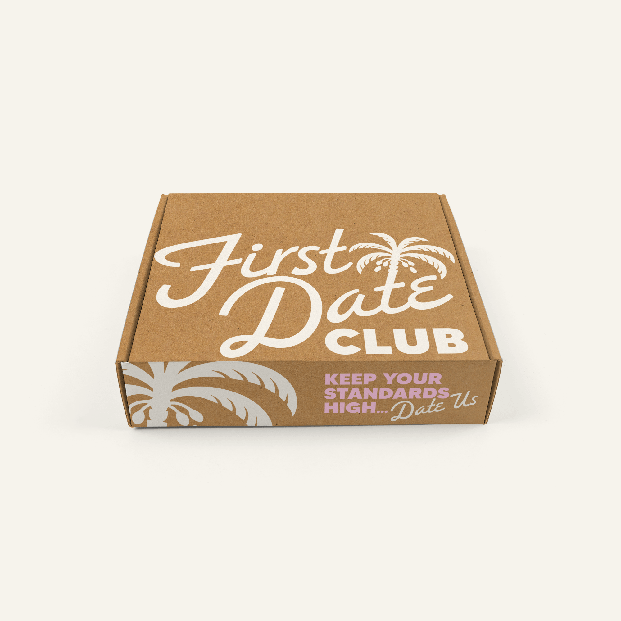 A brown cardboard pizza box with white and purple text and design, partially visible from above.
