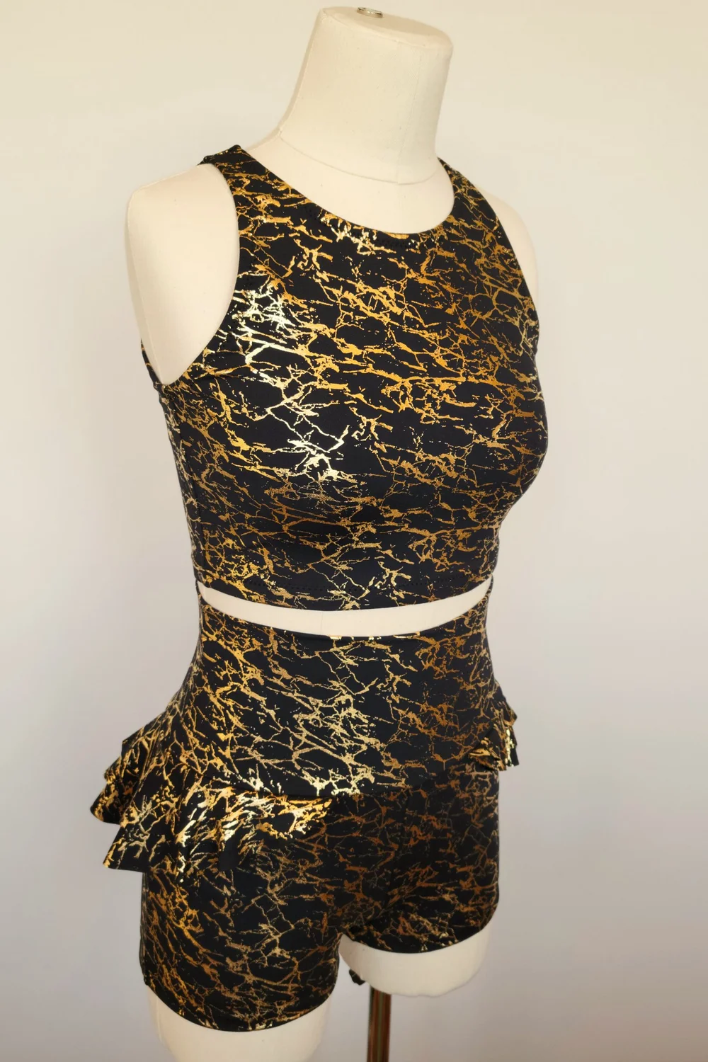 Black and Gold Crop Top and Ruffle Shorts, size small  Harmony Threads