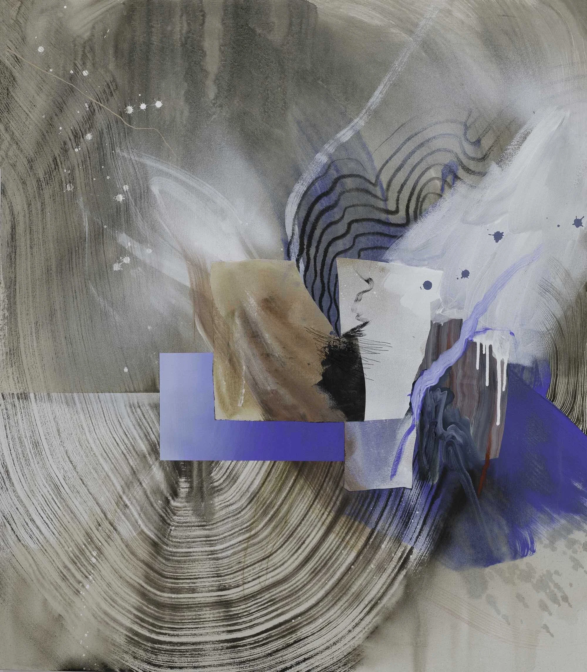 Uncouple, Again (I) - $4000- 46x40 - Acrylic, ink, spray paint, embroidery and canvas collaged on canvas