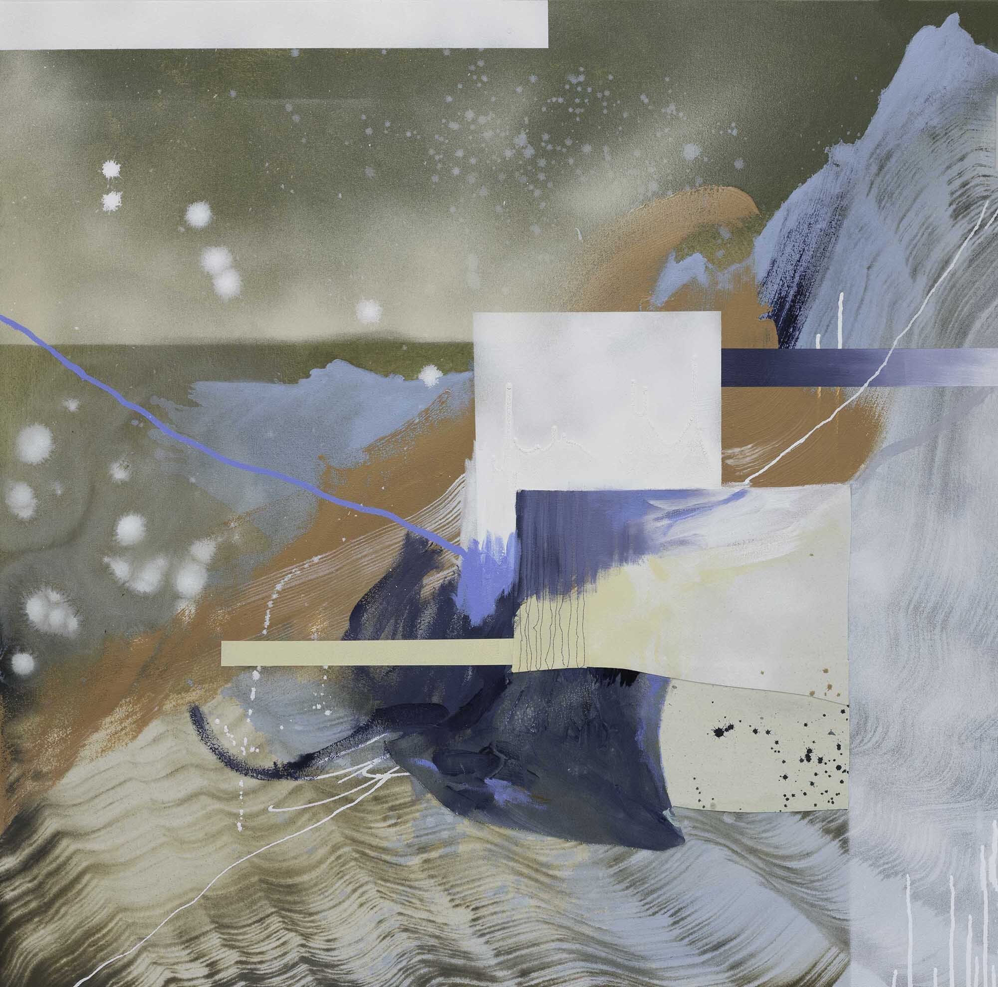 Peace of Me - $3300 - 38x38 - Acrylic, ink, spray paint, embroidery and canvas collaged on canvas