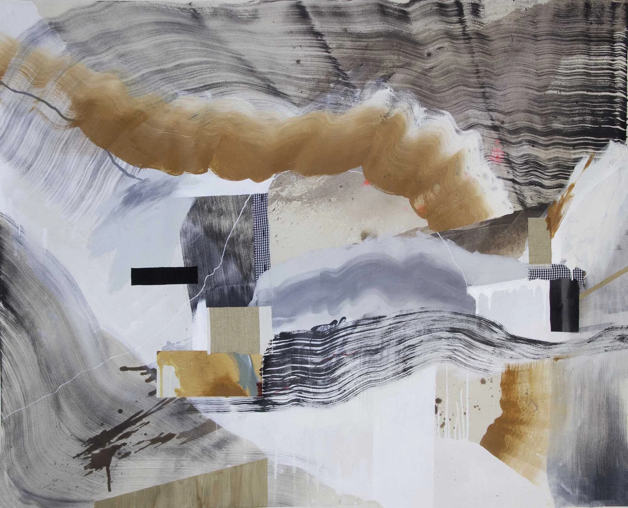 Holding Pattern II - $5300 - 48x60 - Acrylic, ink found fabric on canvas