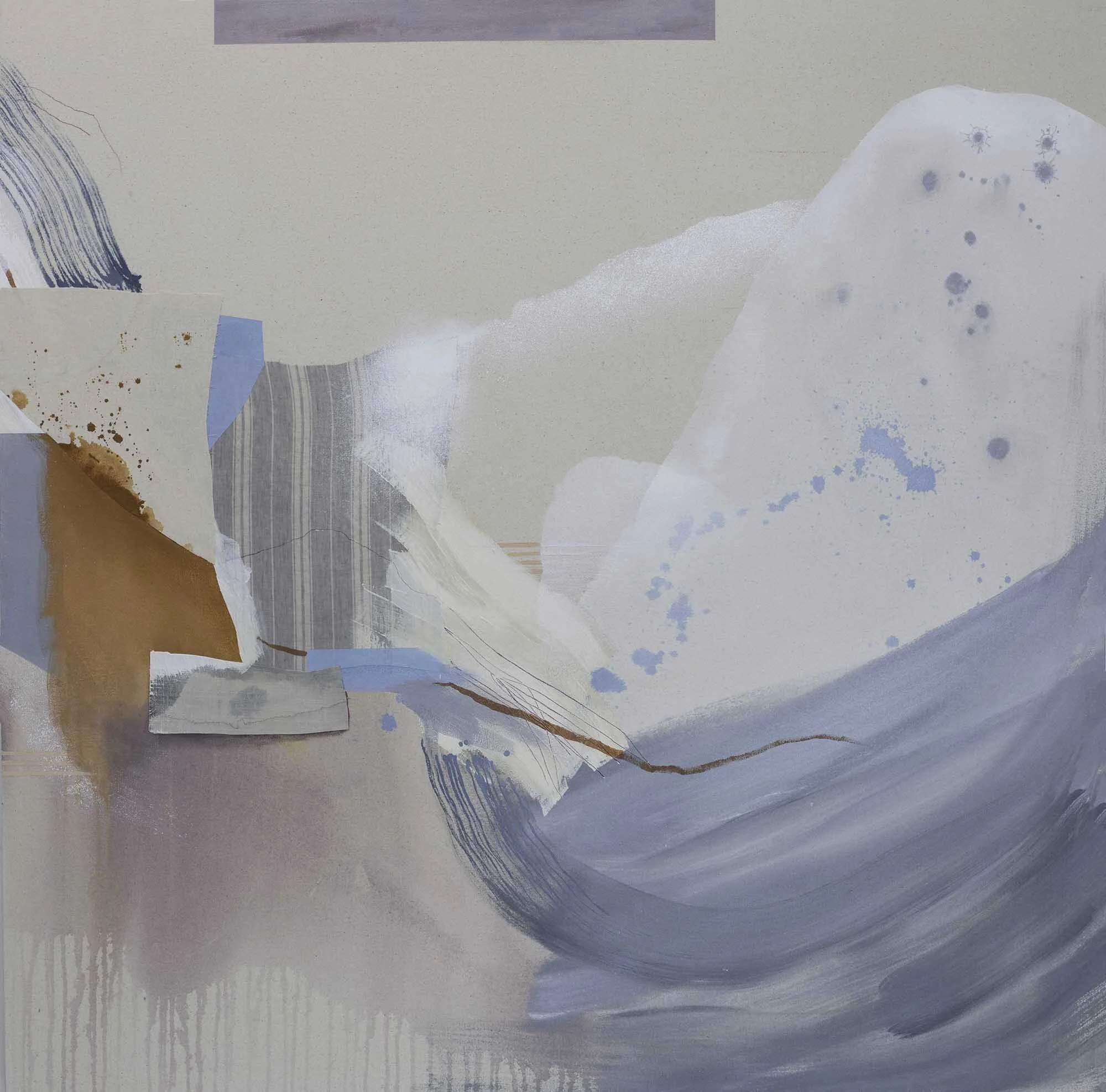 Check Out Line - $4600 - 48x48 - Acrylic, ink, spray paint, embroidery and canvas collaged on canvas