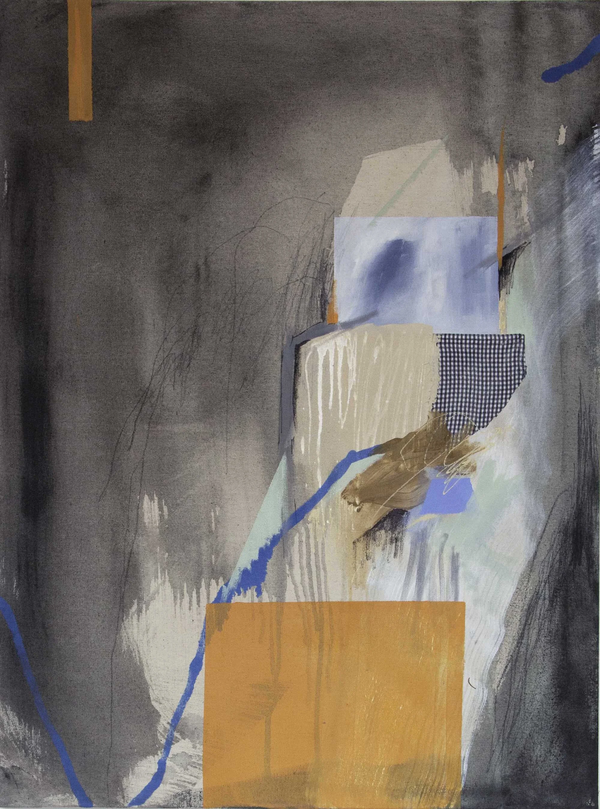 Beyond the Scope - $3700 - 40x30_Acrylic, ink, found fabric on canvas