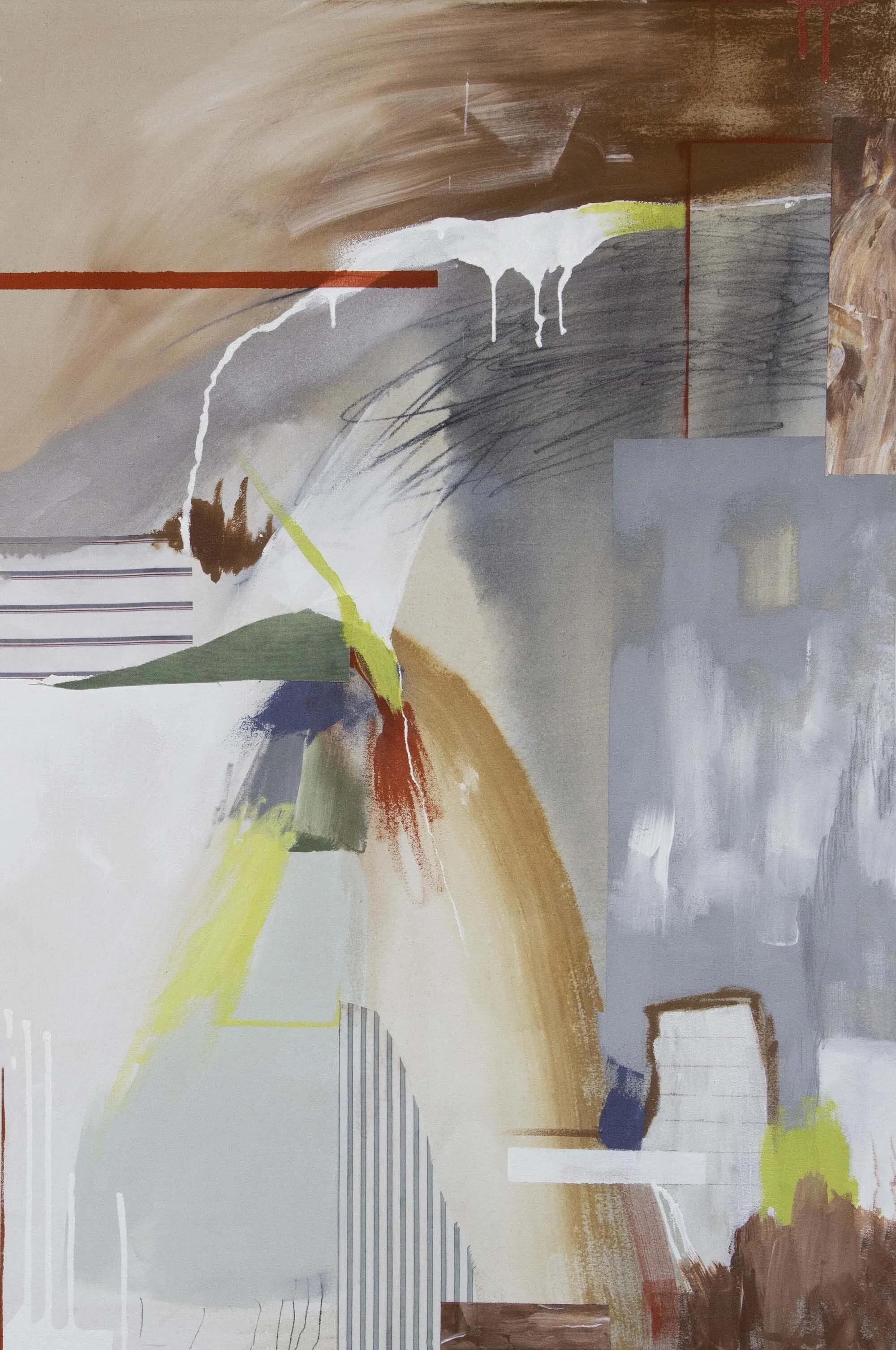 Useless Worries II - $2100 - 36x24 - Acrylic, ink and found fabric on canvas