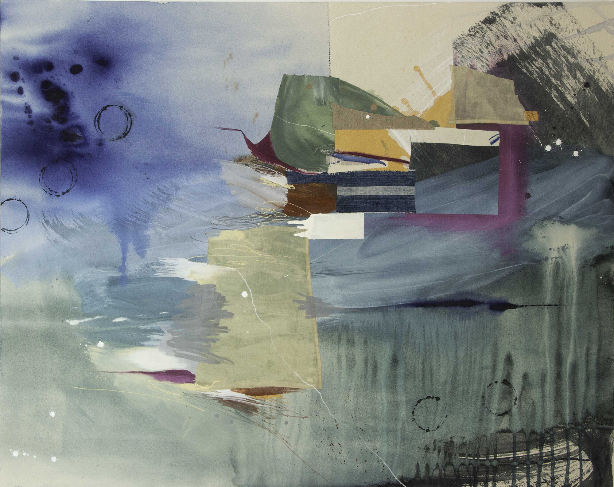 Tentative Relief - $3700 - 48x38 - Acrylic, ink found fabric, and hand embroidery on canvas