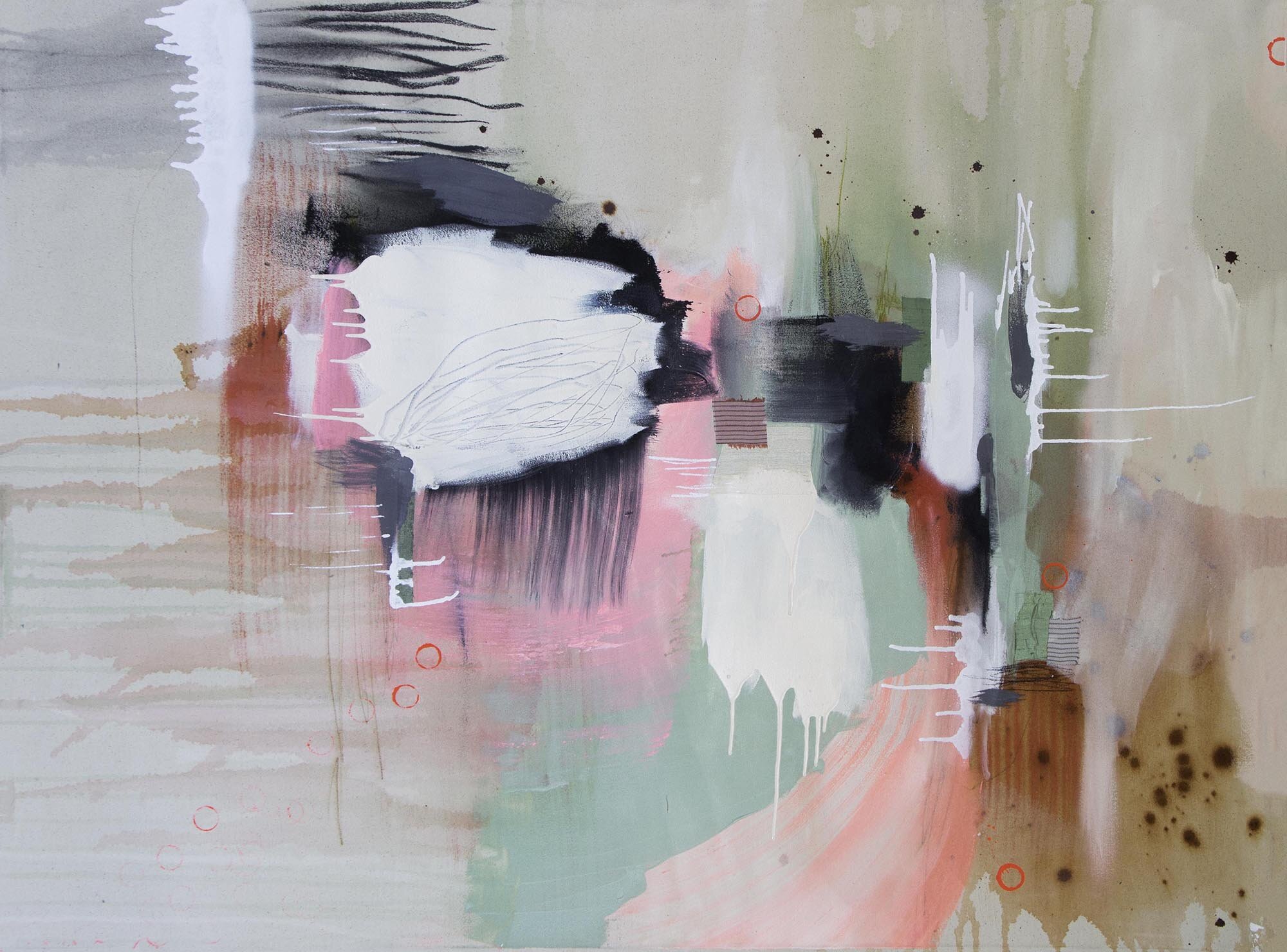 Making Sense of Senseless- $3700 - 36x48 - Acrylic, ink, spray paint, and found fabric collaged on canvas