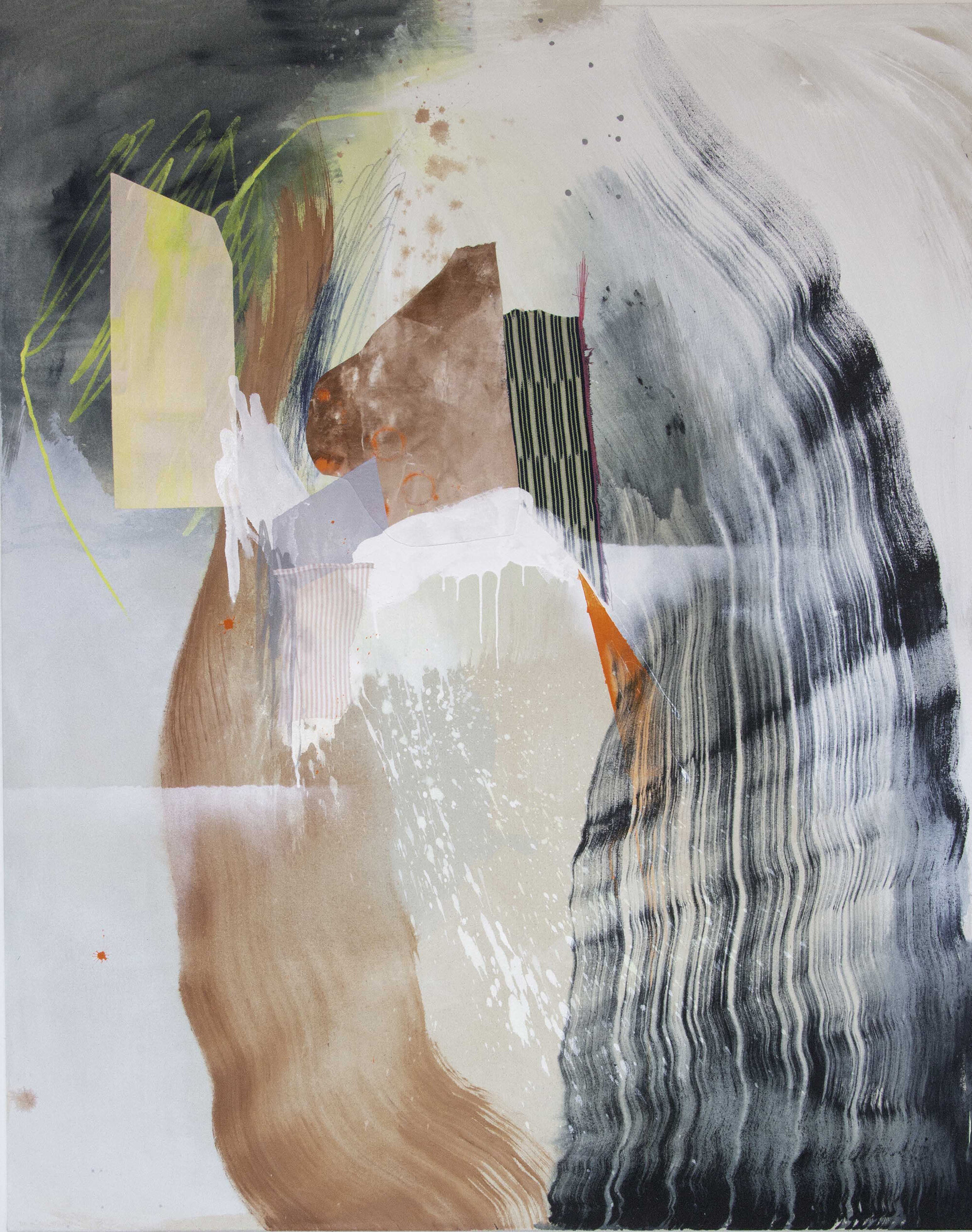 Reminder to Breathe - $5300 - 60x48 - Acrylic, ink, spray paint, found fabric, and hand embroidery on canvas