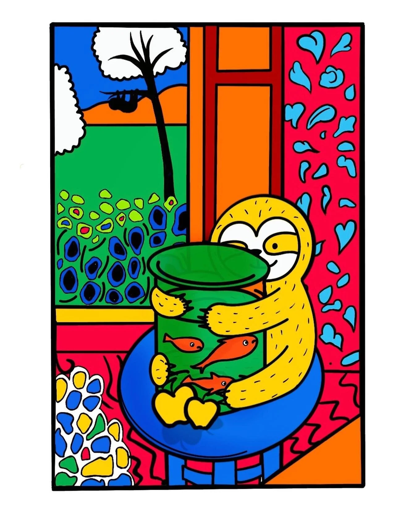 sloth with red fish: my version of henri matisse -the cat with red fish 

#henrimatisse #thecatwithredfish  #japan #fuji #artistinspired #surfing #sloth #slothillustration #hokusai #sloth #animalillustration #cuteillustration #illustration #graphicde