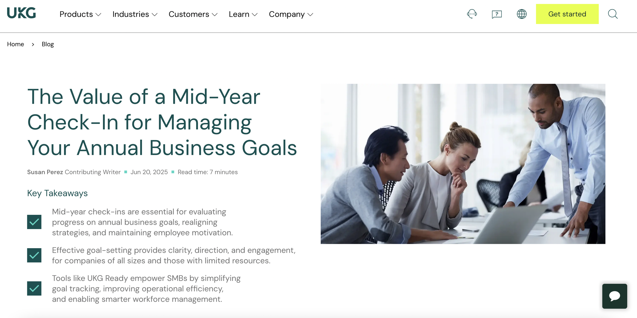 Screenshot from a blog post published on UKG's website about The Value of a Mid-Year Check-In for Managing Your Annual Business Goals