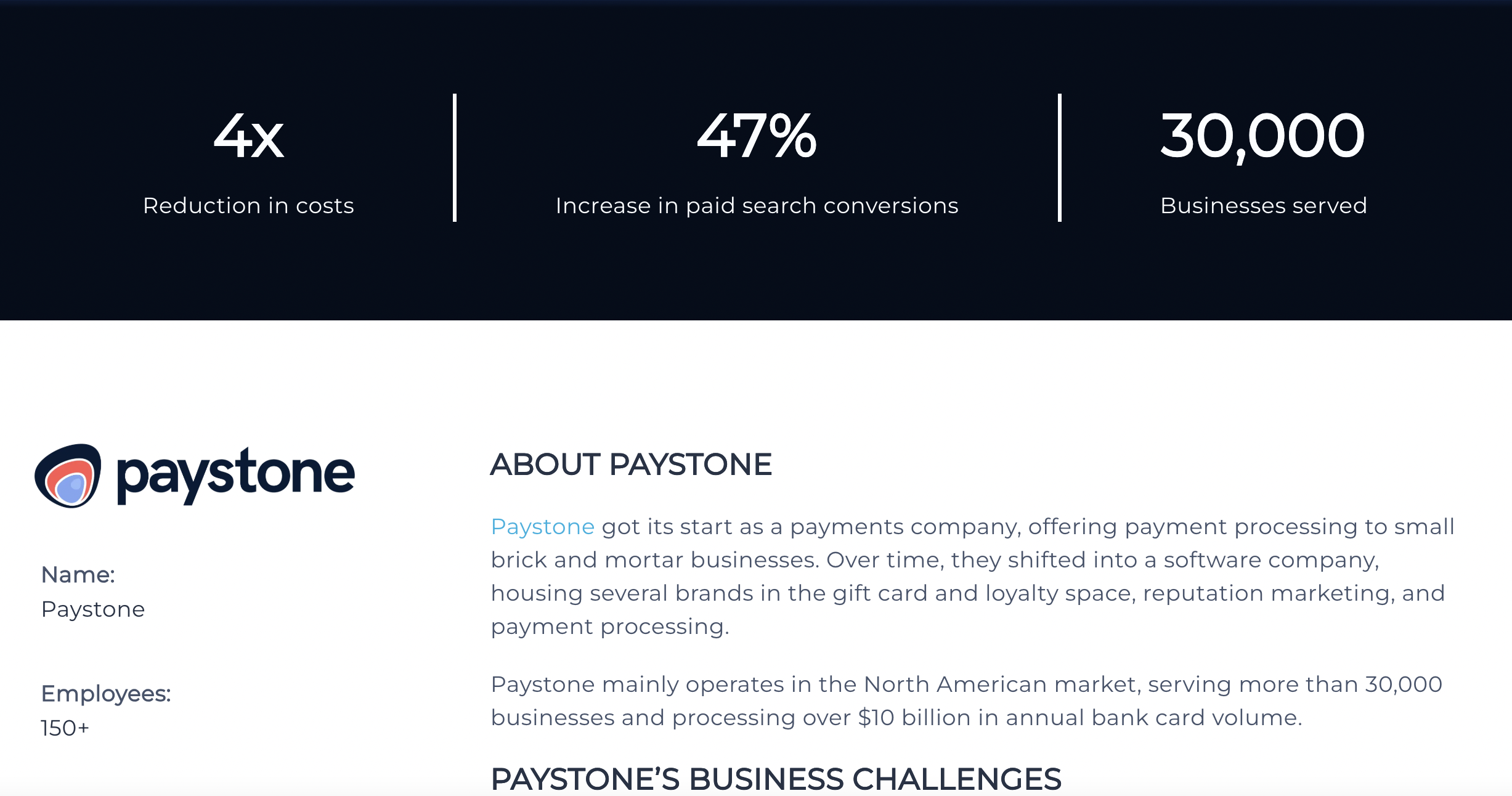A screenshot from a webpage that shows stats and information about Paystone, a customer of Instapage.