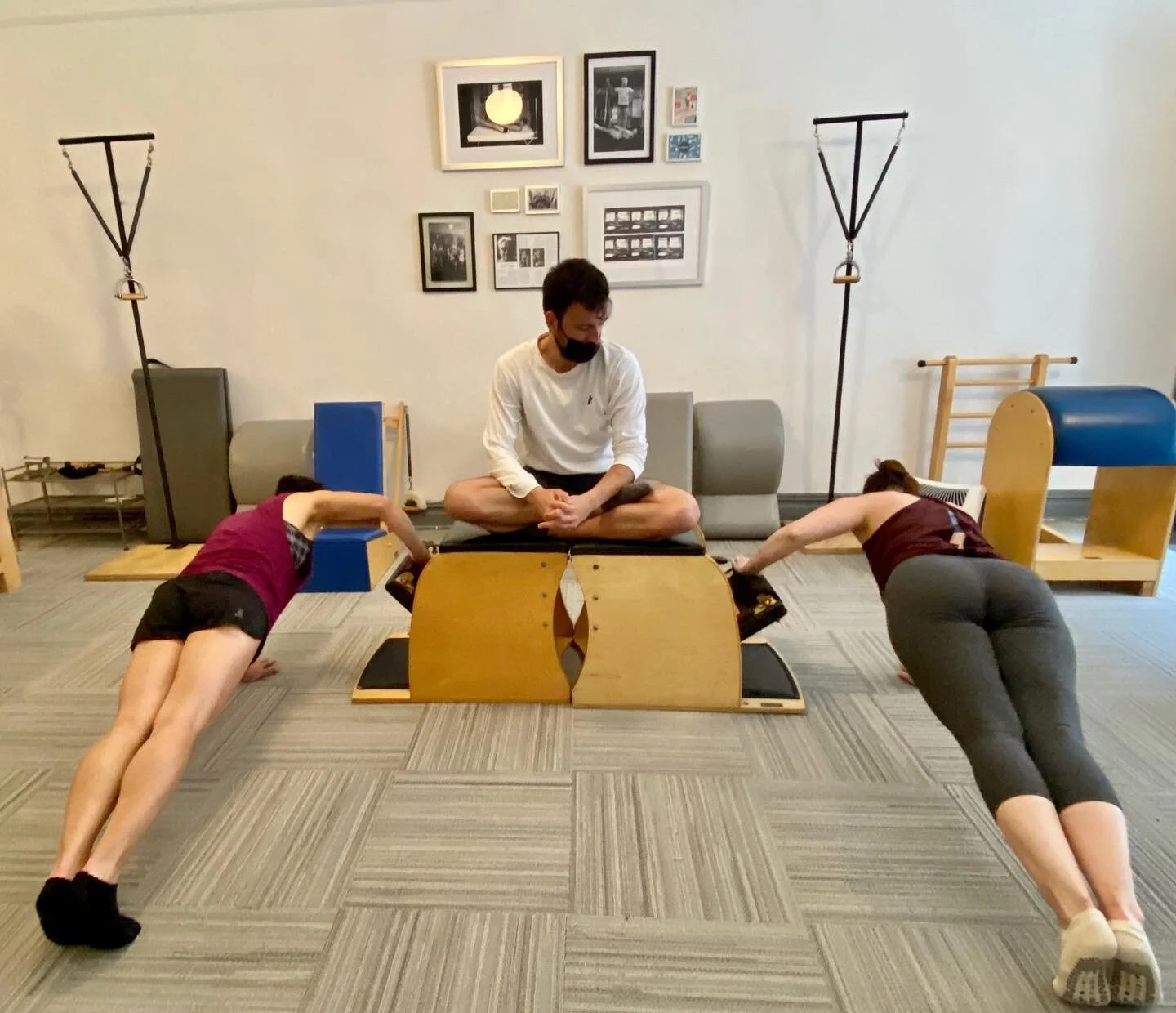 Jonathan solving the problem of how to spot two clients and keep the chairs from sliding. Our teachers are SO CREATIVE! 

We are getting ready for new fall openings.  Privates, duets and trios are available. Classes coming soon!
#returntolife #pilate