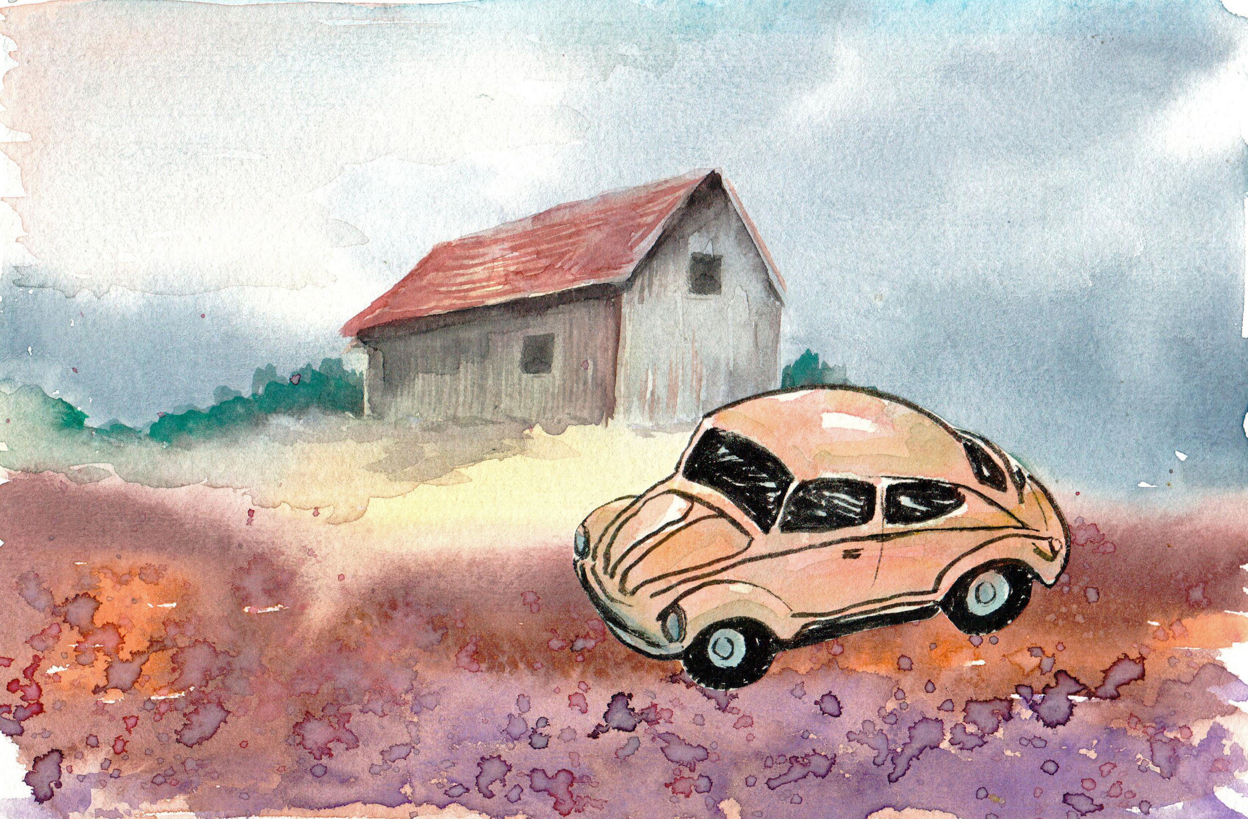 Orange Beetle with Old Barn, watercolor/ink collage 8" x 10", 2020