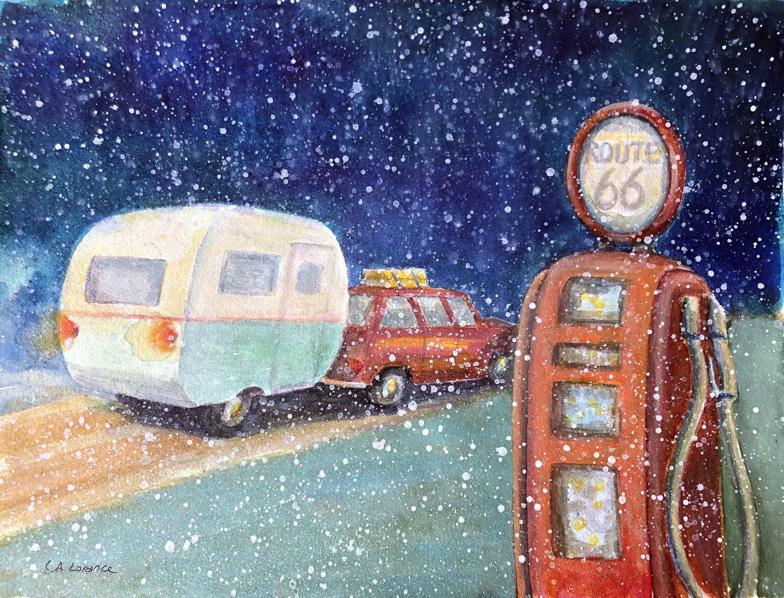 Route 66 - Fill It Up, watercolor, 12" x 16", 2019, SOLD