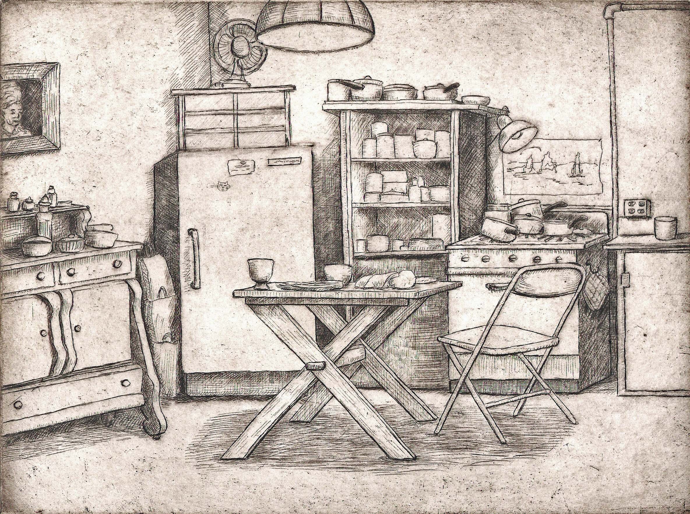 Kitchen in Soho, etching, 6" x 8", edition of 25