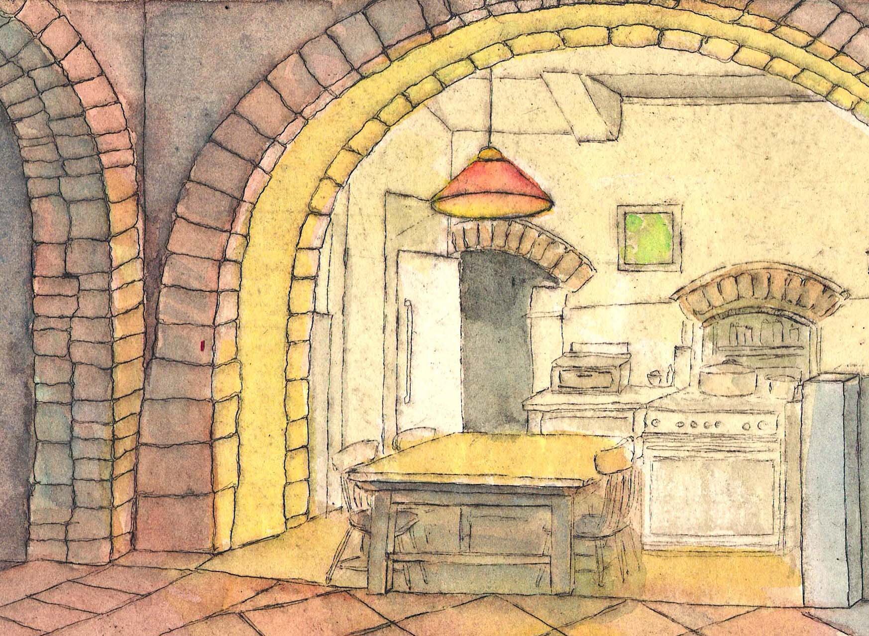 Kitchen in Jerusalem, hand-tinted etching, 5" x 7", unique