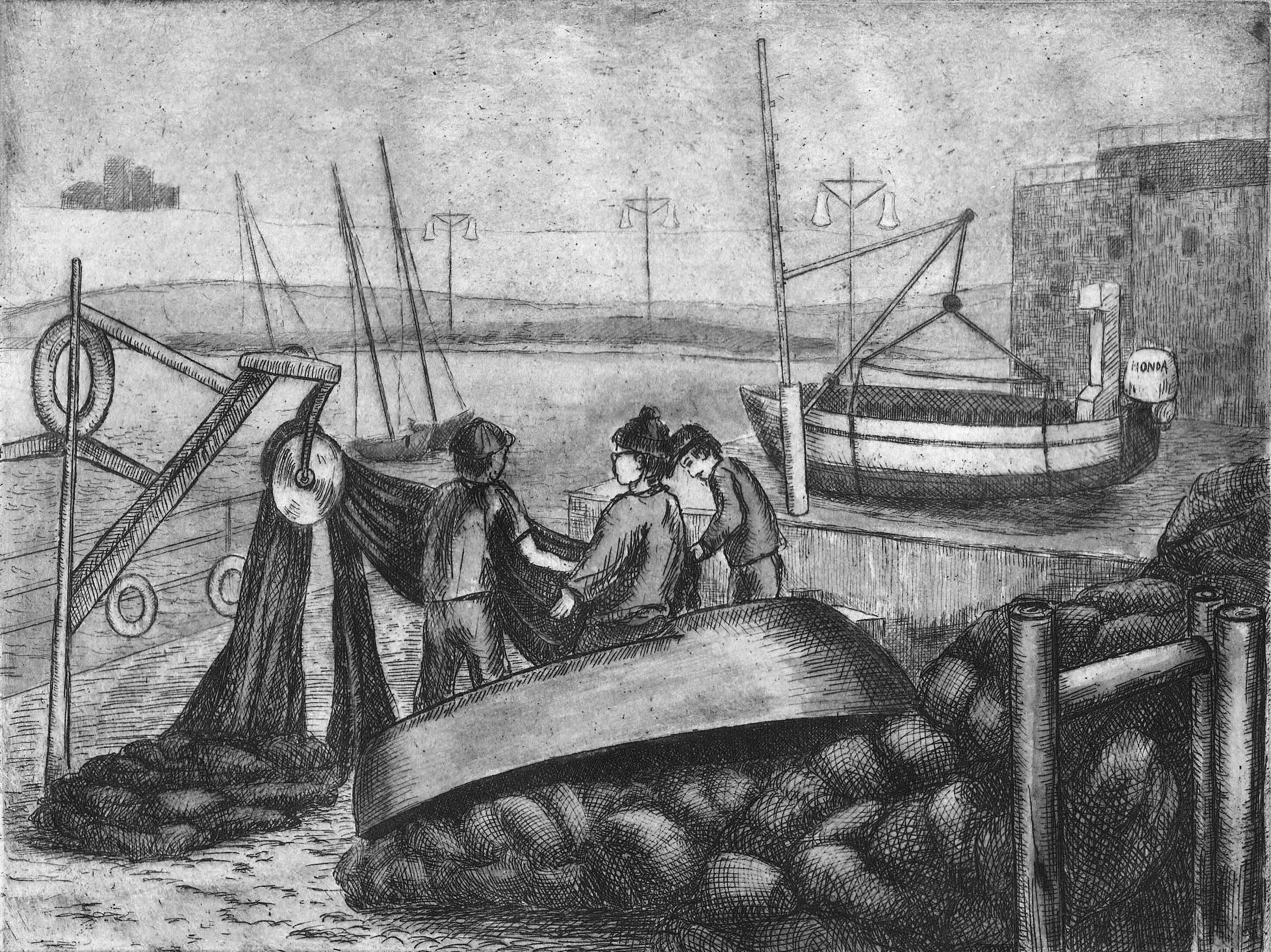 Fishermen in Akko, etching, 6"x 8", edition of 25