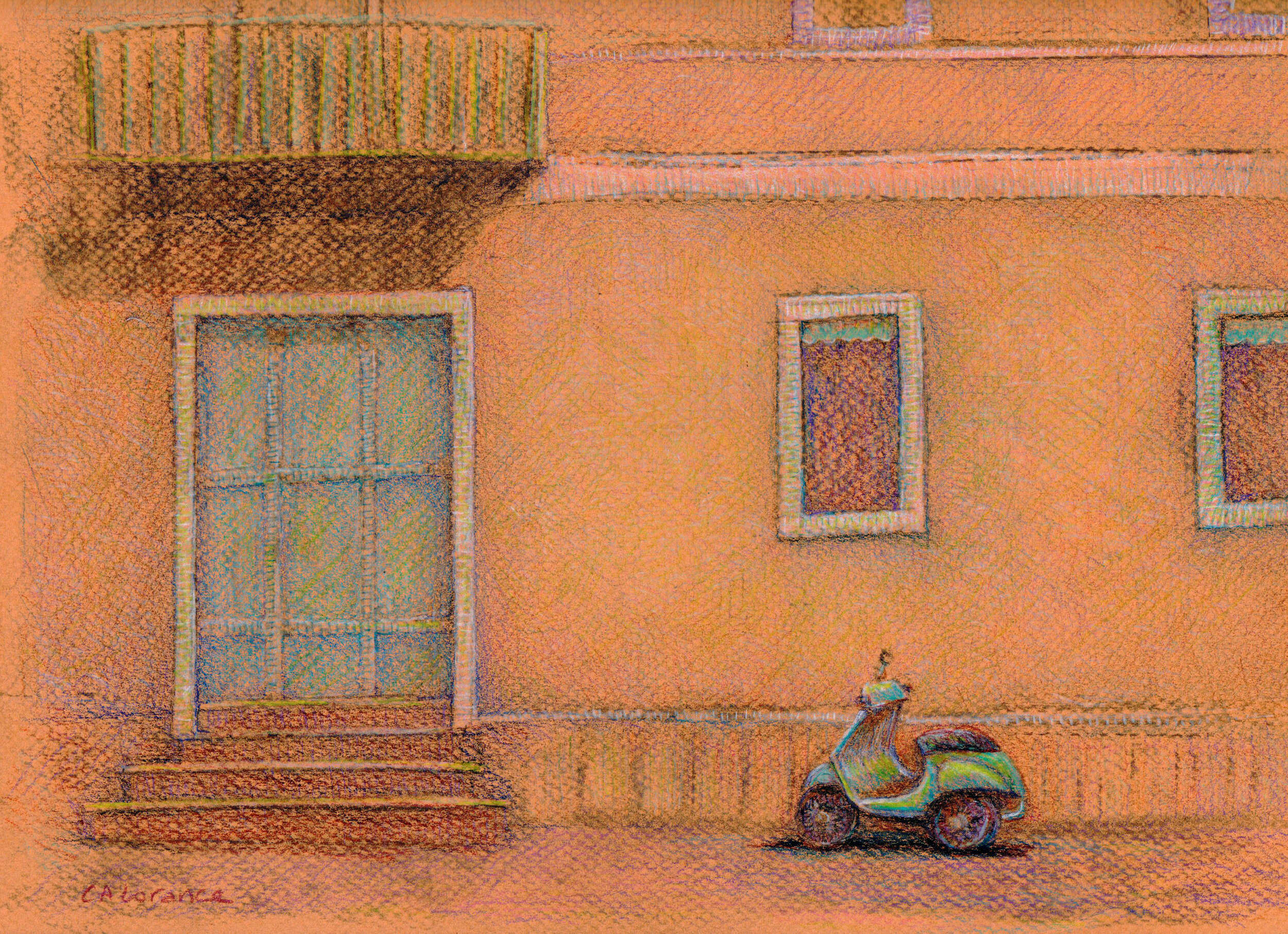 Umbrian Street, colored pencil on toned paper, 9" x 12", 2019, SOLD