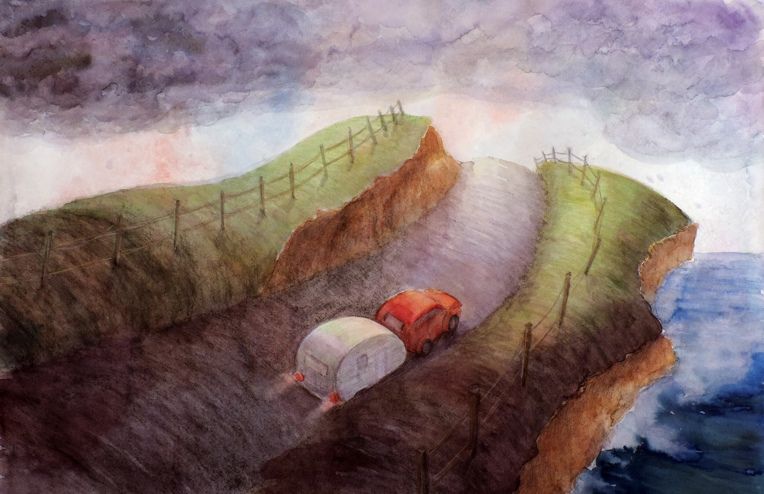 Seaside Drive, watercolor/charcoal, 14.5" x 20.5", 2019, SOLD