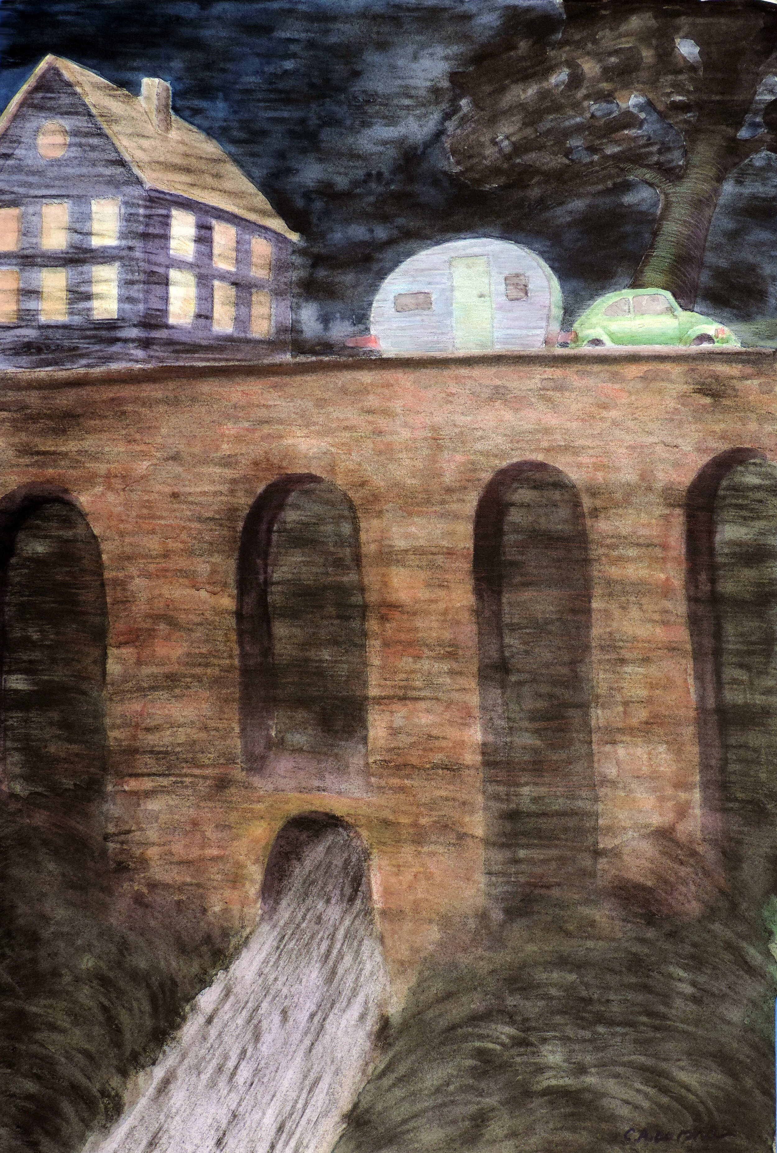 The Inn and the Bridge, watercolor/charcoal, 20.5" x 14.5", 2019, SOLD